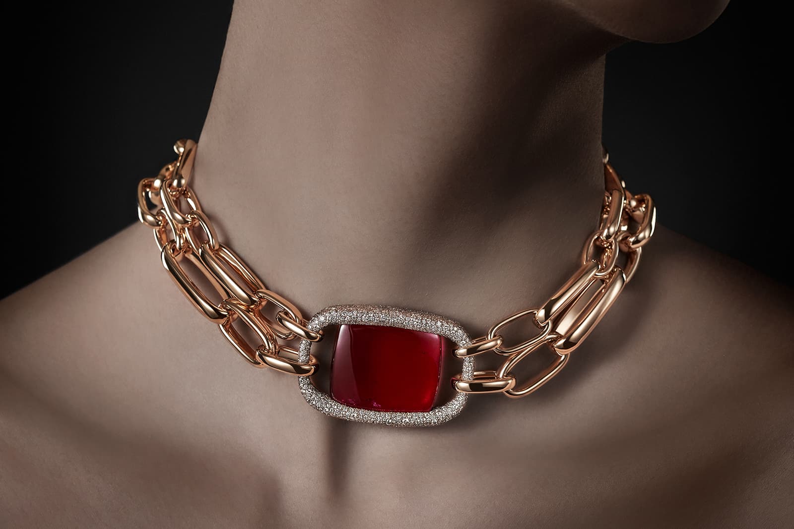  La Gioia di Pomellato Princess Chain necklace with a 76.66 carat rubellite and diamonds in rose gold