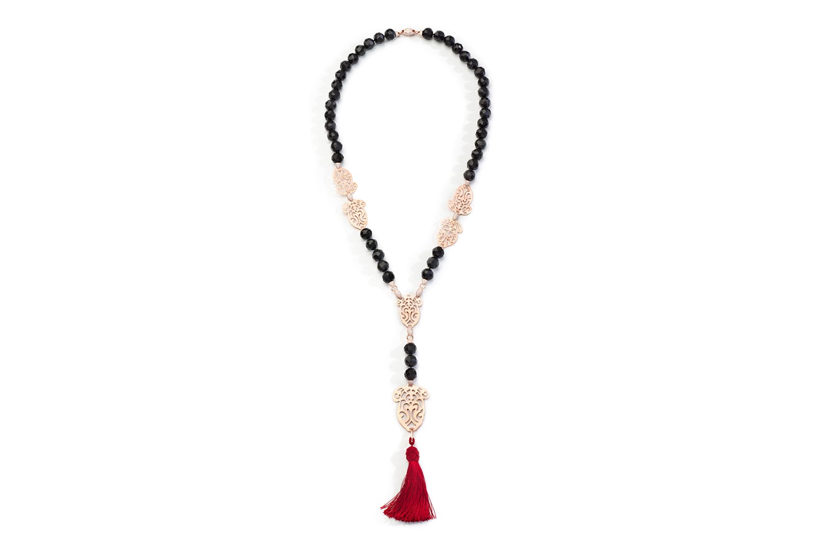  La Gioia di Pomellato Chinese Shadow sautoir necklace with jet beads and brown diamond charms in rose gold 