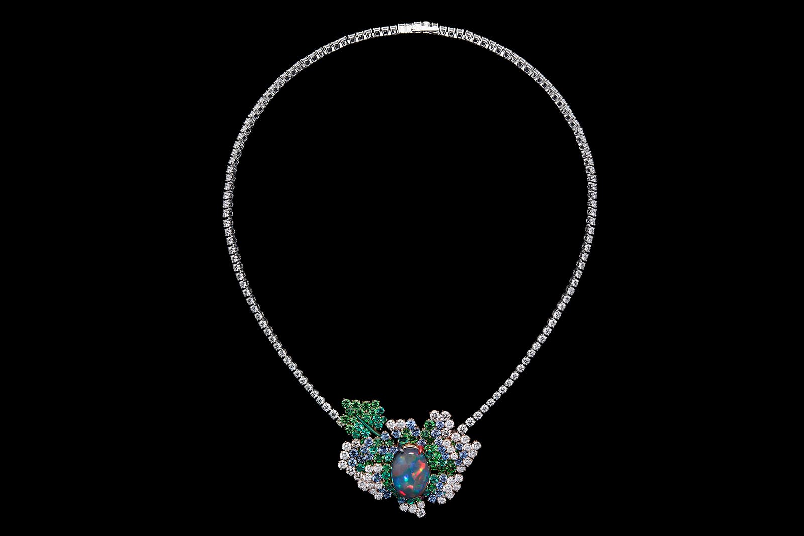  Dior Rose Rose Futuriste Black Opal Necklace in white and pink gold, diamonds, black opals, tsavorite garnets, sapphires, emeralds, purple, red, green and blue lacquer