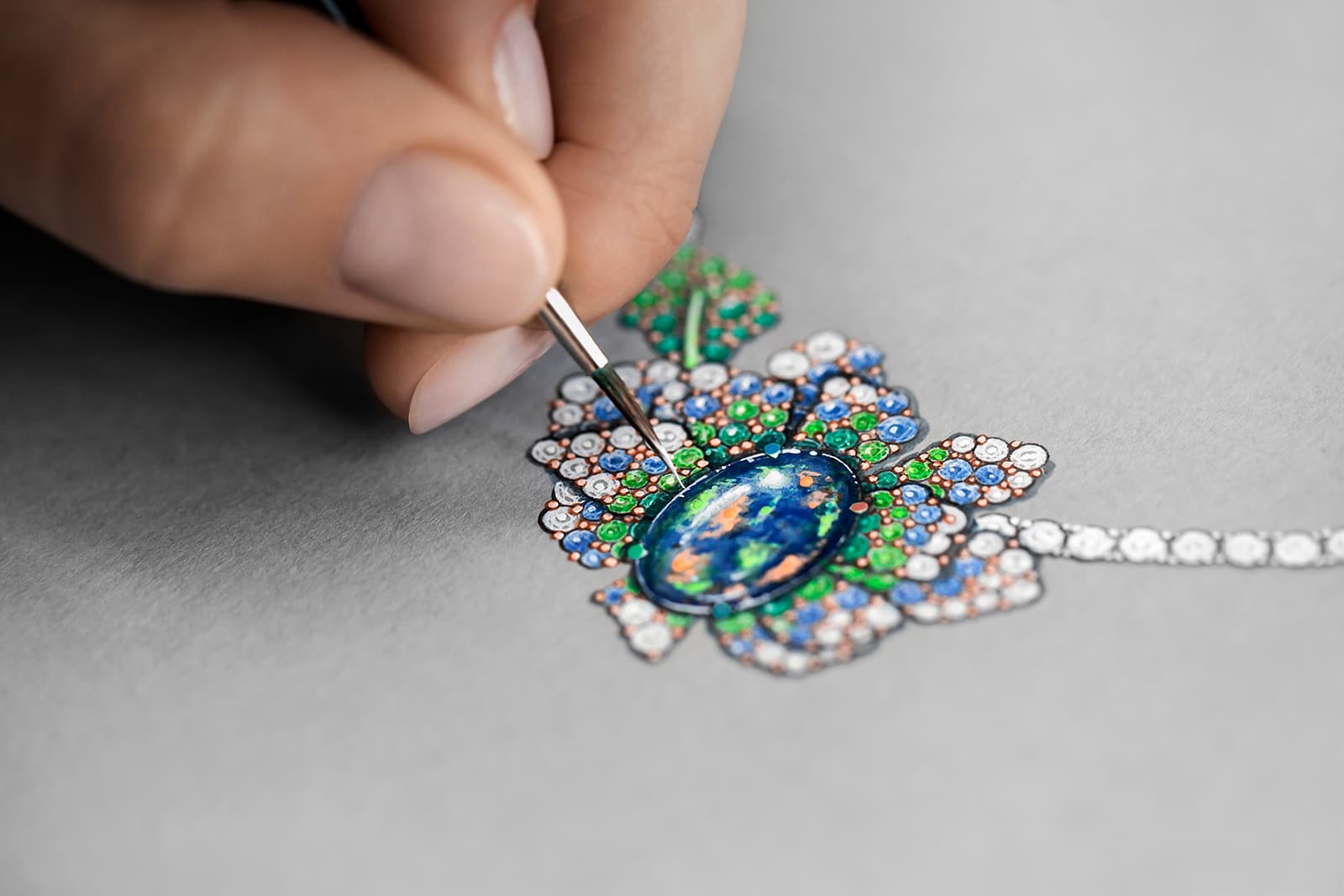  Designing pieces in the Rose Futuriste line, which is part of the Dior Rose High Jewellery Collection