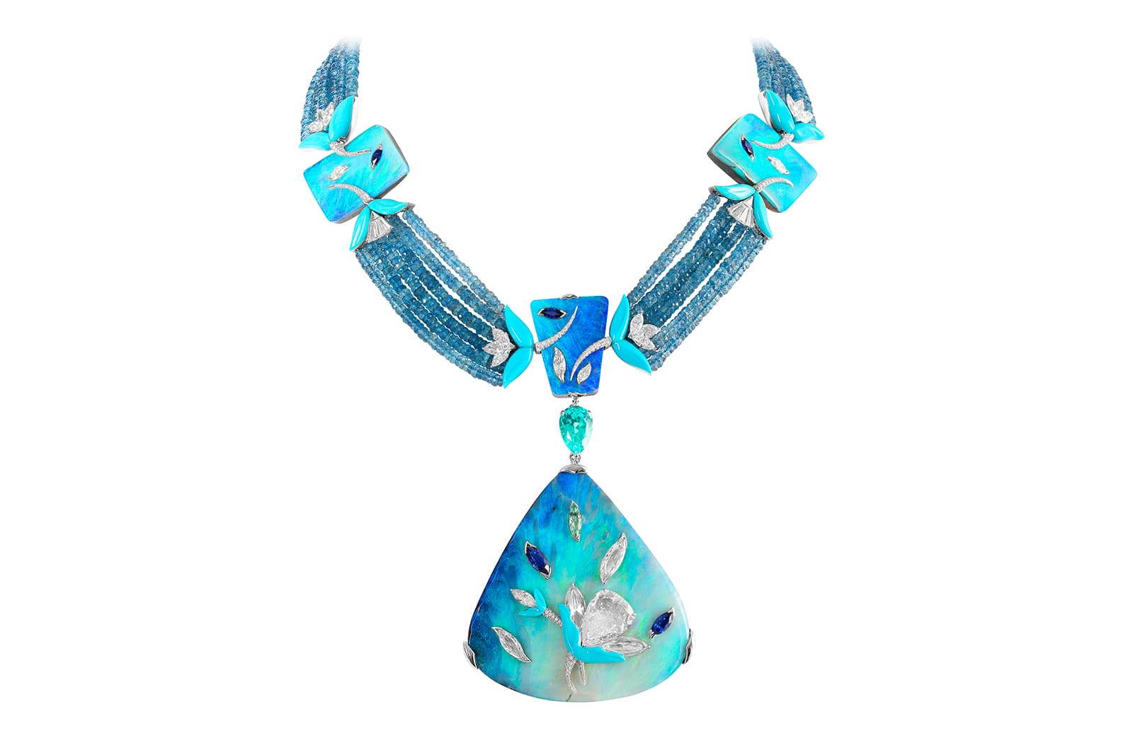 Boghossian Kissing Collection Coral Reef necklace with diamonds and sapphires inlaid into opal, alongside Paraiba tourmalines, aquamarine beads and turquoise 