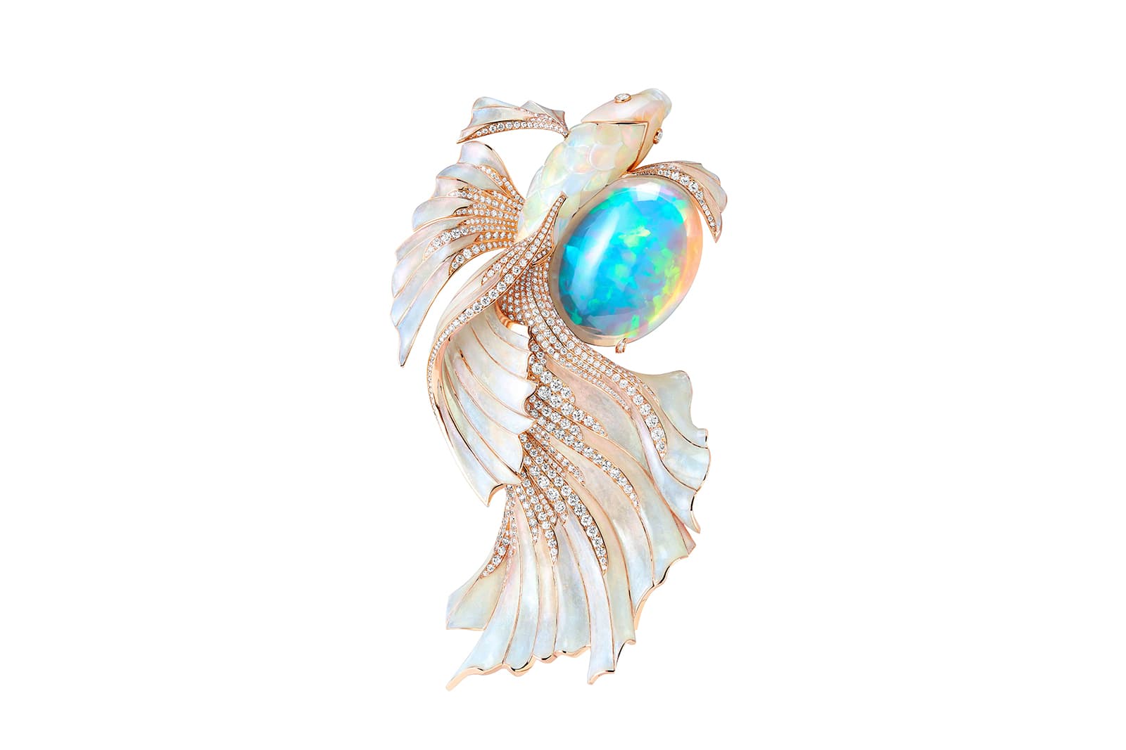  Opalescence betta fish brooch with a 71.69 carat opal cabochon and fins of powdered opal from the Boucheron Holographique High Jewellery collection