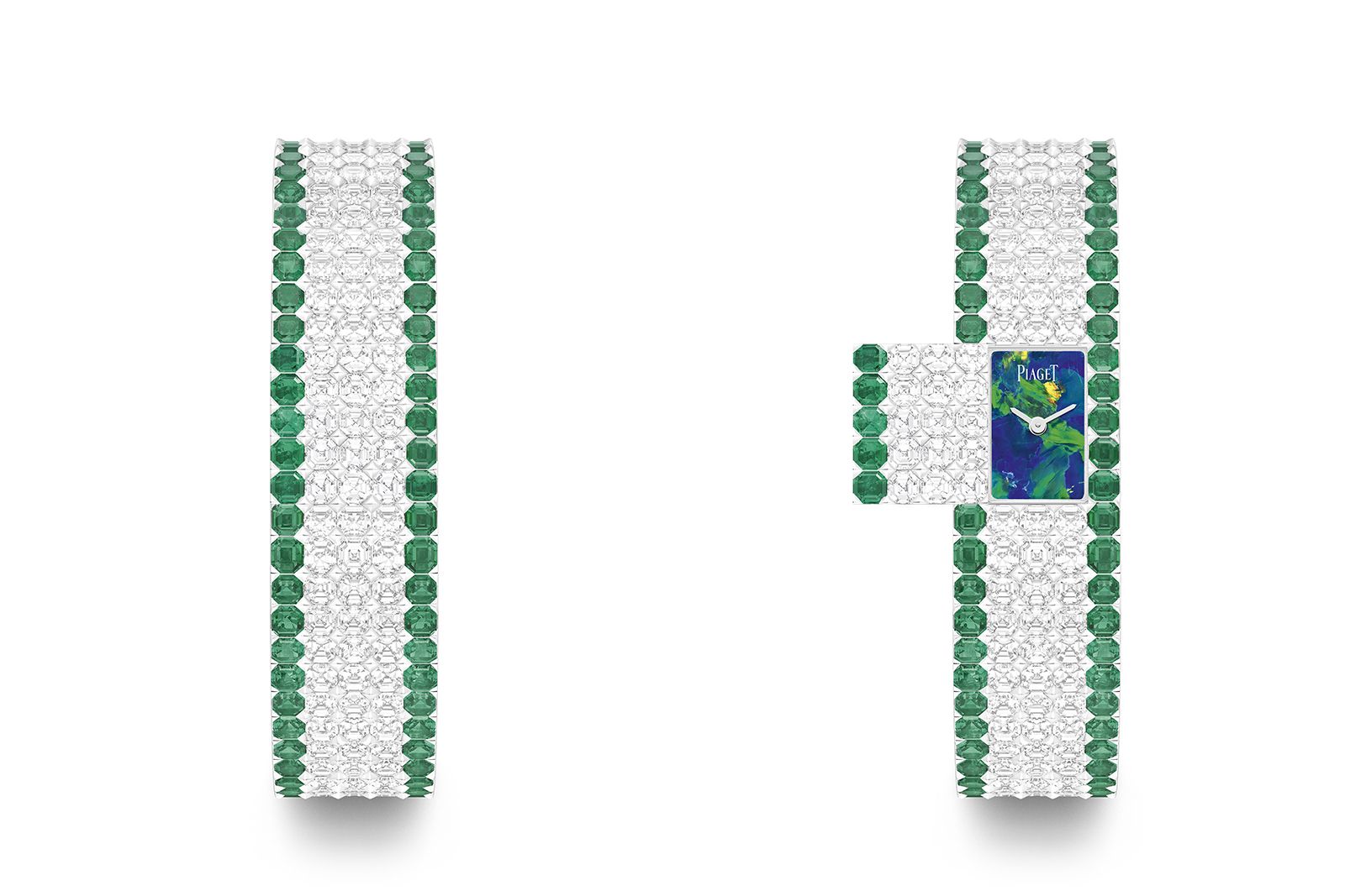  Piaget Natural Harmony secret watch in 18k white gold with 114 baguette-cut emeralds of 12.54 carats and 171 baguette-cut diamonds of 24.80 carats with a black opal dial, from the Wings of Light High Jewellery Collection