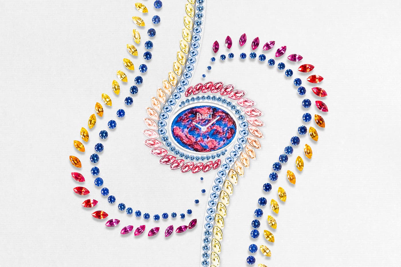 A gouache painting of the Piaget Limelight Gala watch with an opal dial, surrounded by marquise and round-shaped coloured gemstones