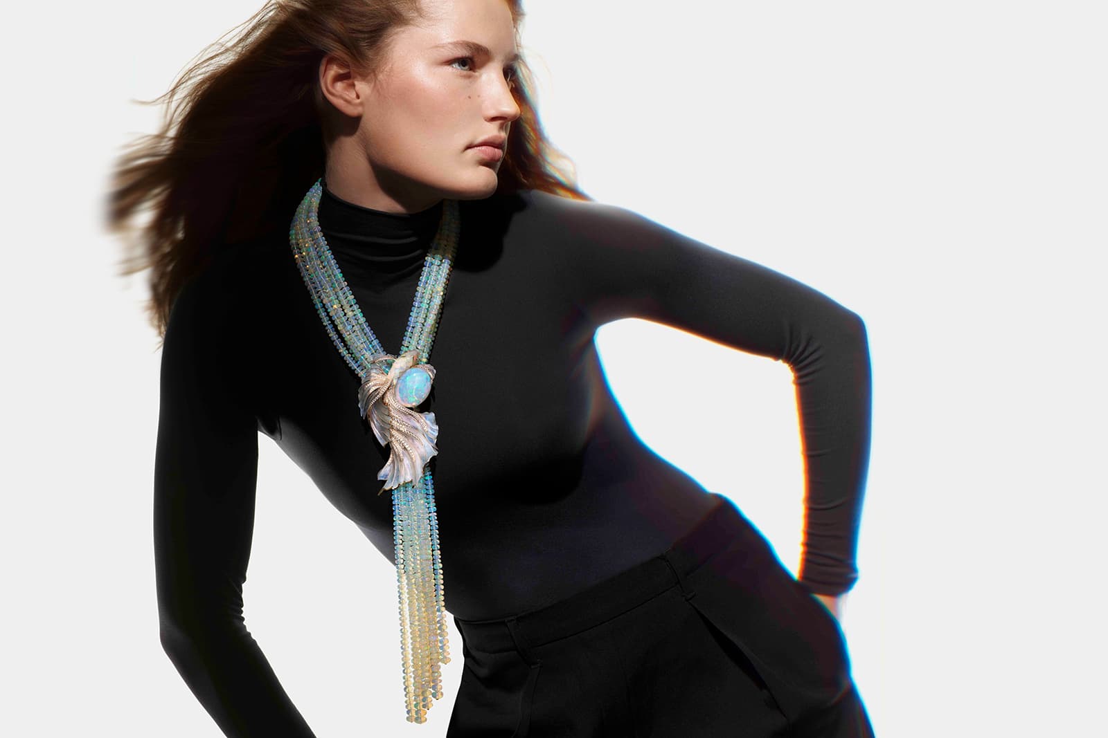 Opalescence necklace with detachable brooch set with a 71.69 carat Ethiopian opal cabochon and 1,518.78 carats of opal beads from the Boucheron Holographique High Jewellery collection