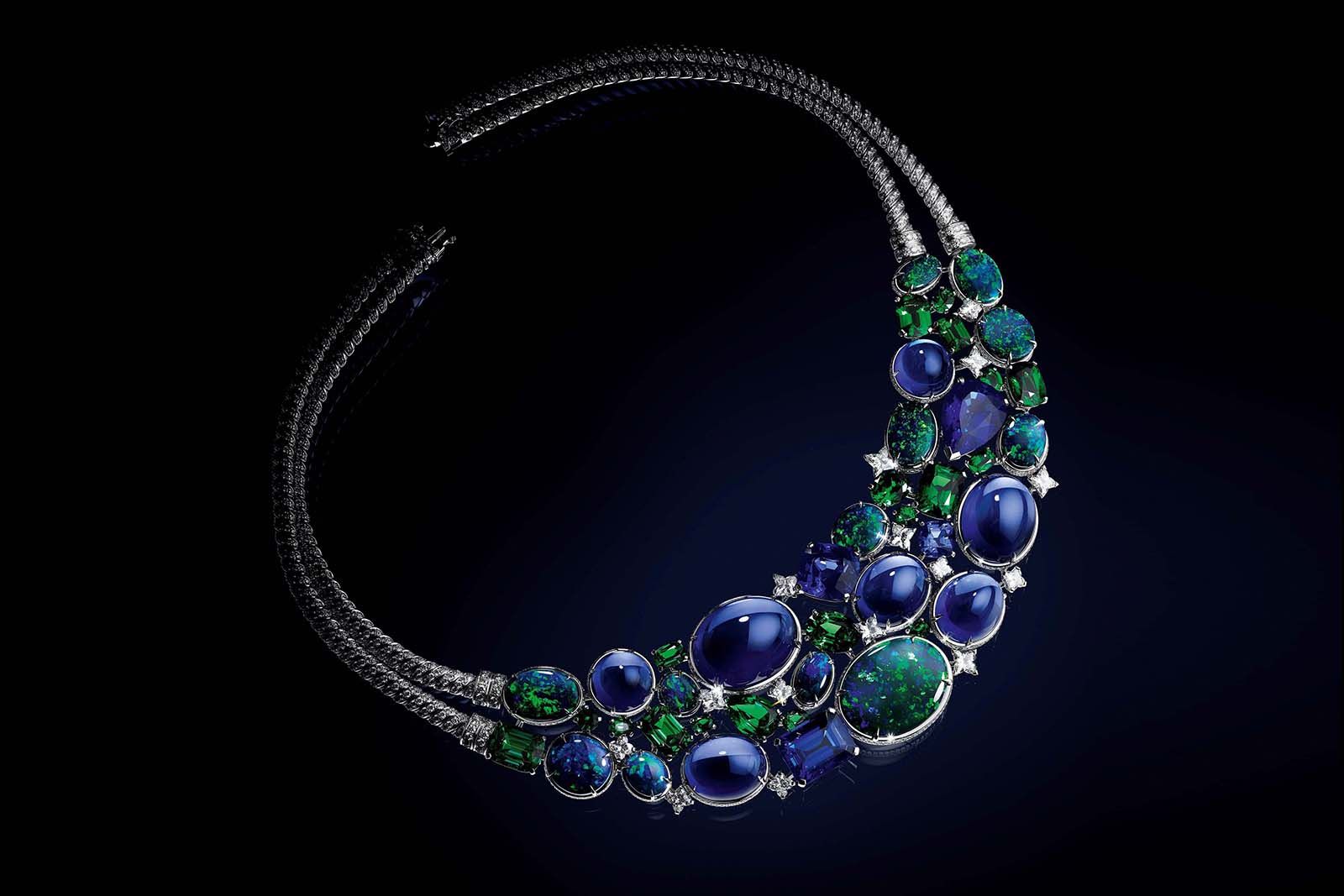 Louis Vuitton La Constellation D’Hercule necklace from the Bravery High Jewellery Collection with 11 tanzanites, 12 opals and nine tsavorites dotted with 16 diamonds cut into the Louis Vuitton star logo