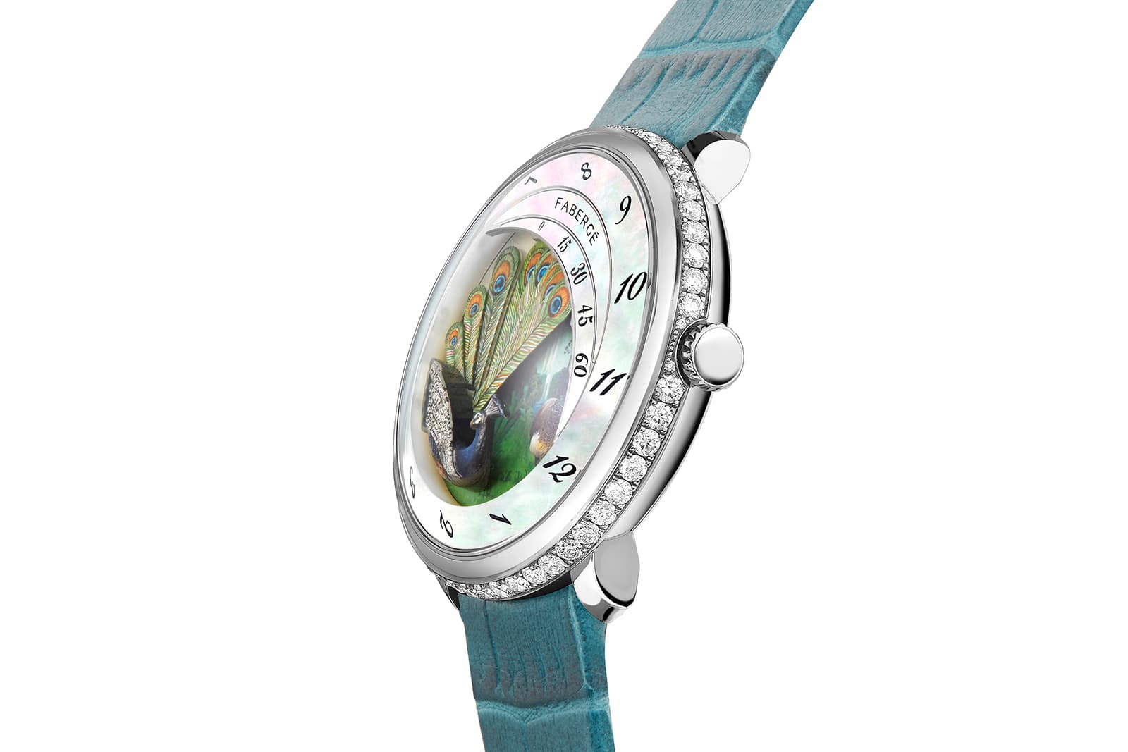  The Fabergé Compliquée Peacock watch has a platinum case set with diamonds