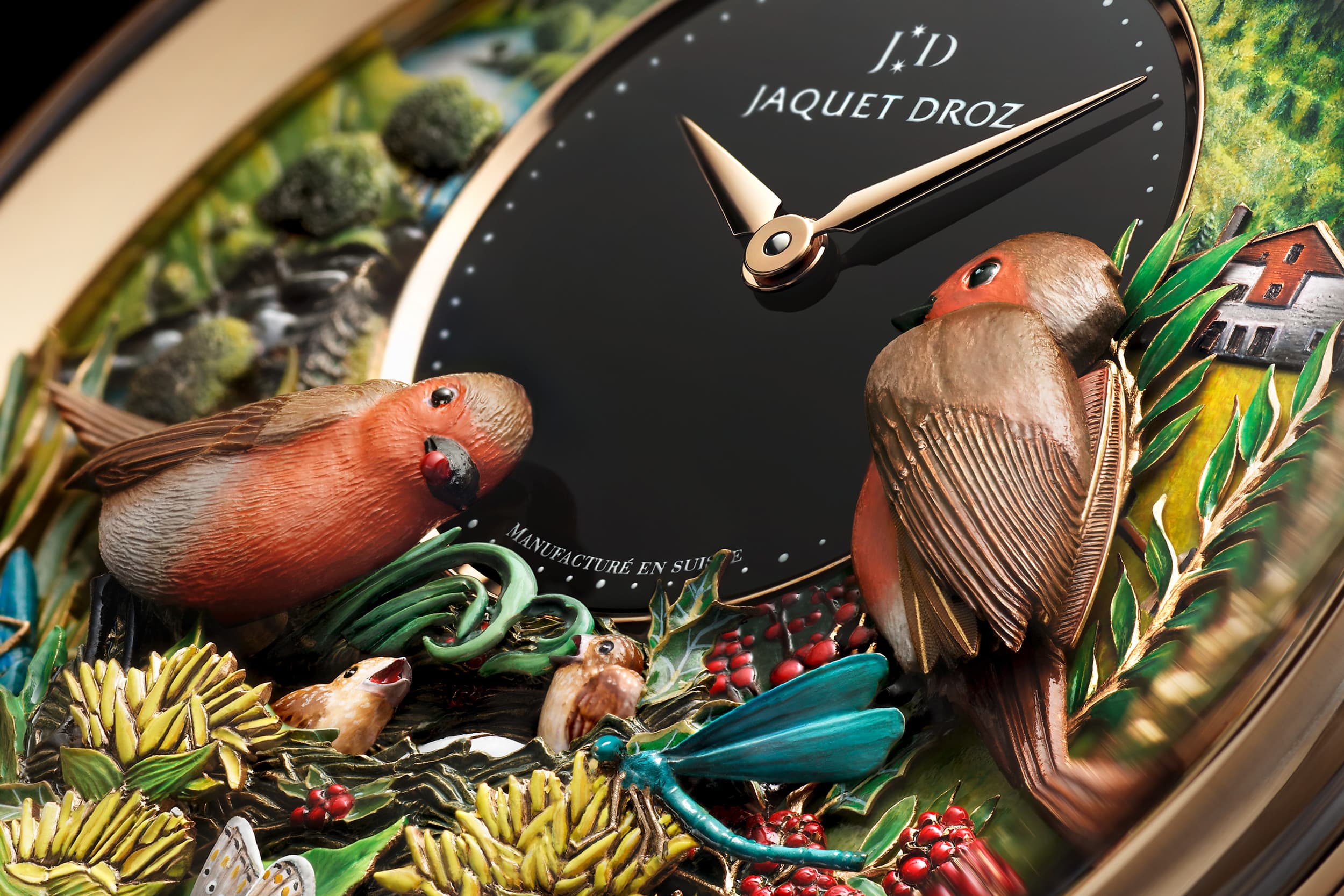 A closer look at the dial of the Jaquet Droz Bird Repeater 300th Anniversary Edition timepiece