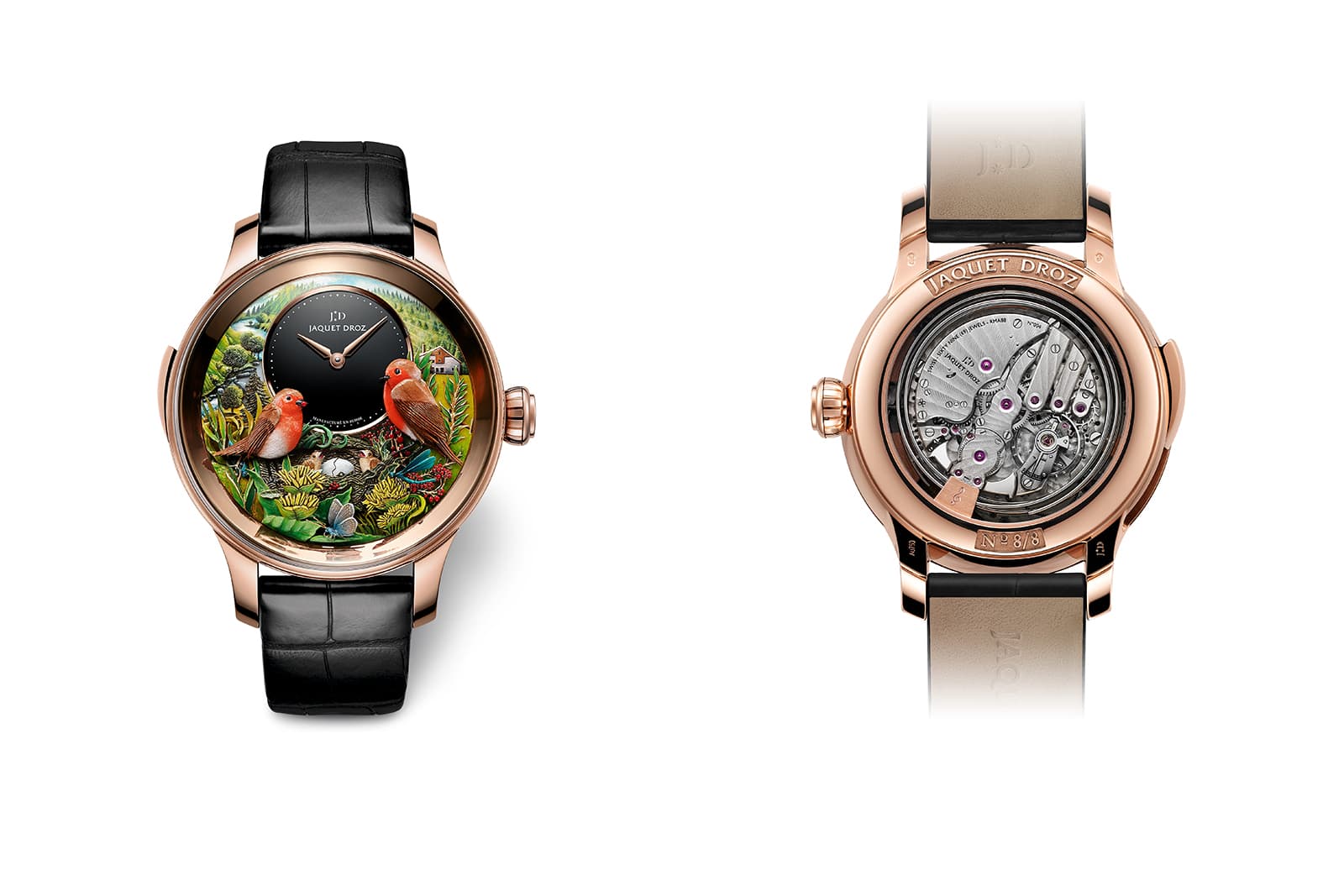  The front and back of the Jaquet Droz Bird Repeater 300th Anniversary Edition