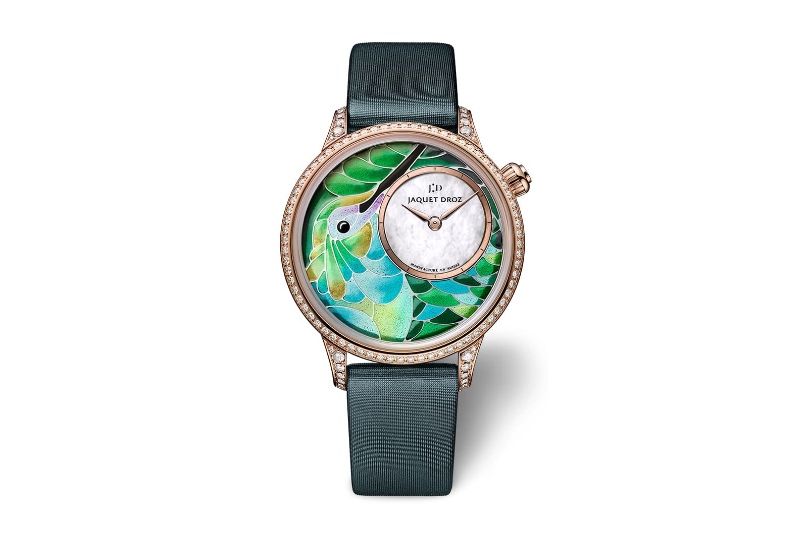  The Jaquet Droz Petite Heure Minute ‘Smalta Clara’ Hummingbird watch with plique-à-jour enamel, mother of pearl and diamonds