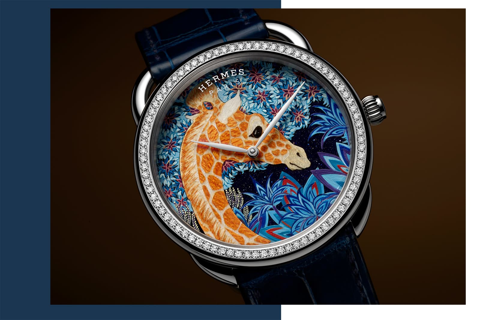 Hermès Arceau The Three Graces timepiece with a marquetry giraffe on the dial