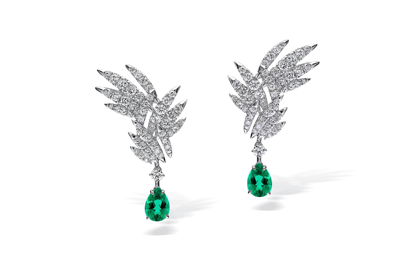  Stenzhorn Bora Bora Collection earrings with diamonds and a pear-shaped emerald drops in 18k white gold