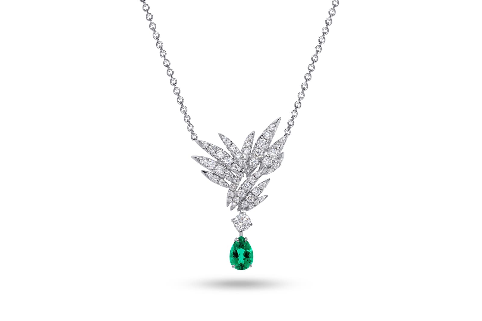 Stenzhorn Bora Bora Collection necklace with diamonds and a pear-shaped emerald drop in 18k white gold