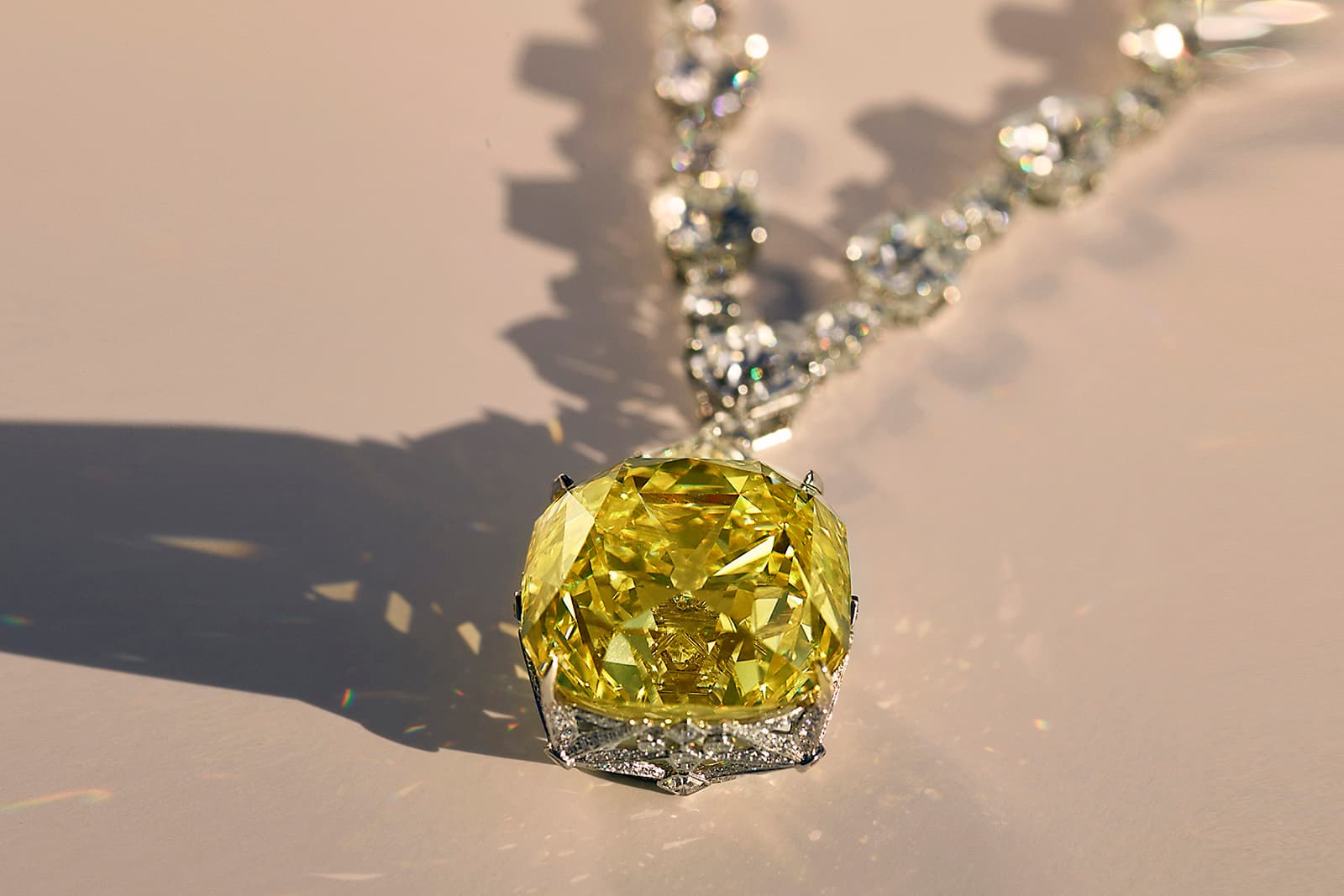 The Tiffany Diamond – a 128.54 carat fancy yellow diamond that is now set in a platinum necklace 