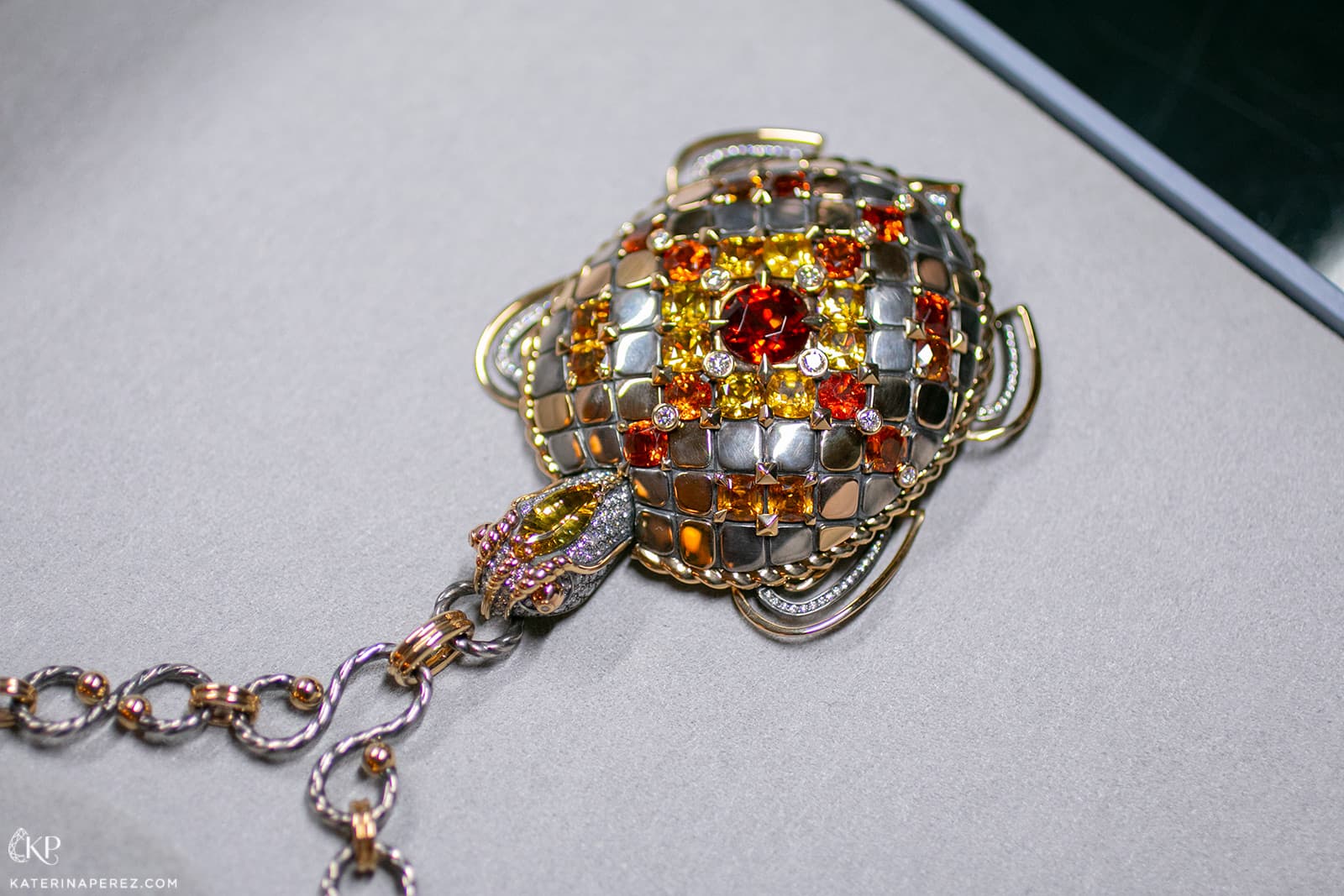 Elie Top Tortoise pendant from the Magica Naturae Collection set with orange, yellow and cognac sapphires, diamonds and a beryl