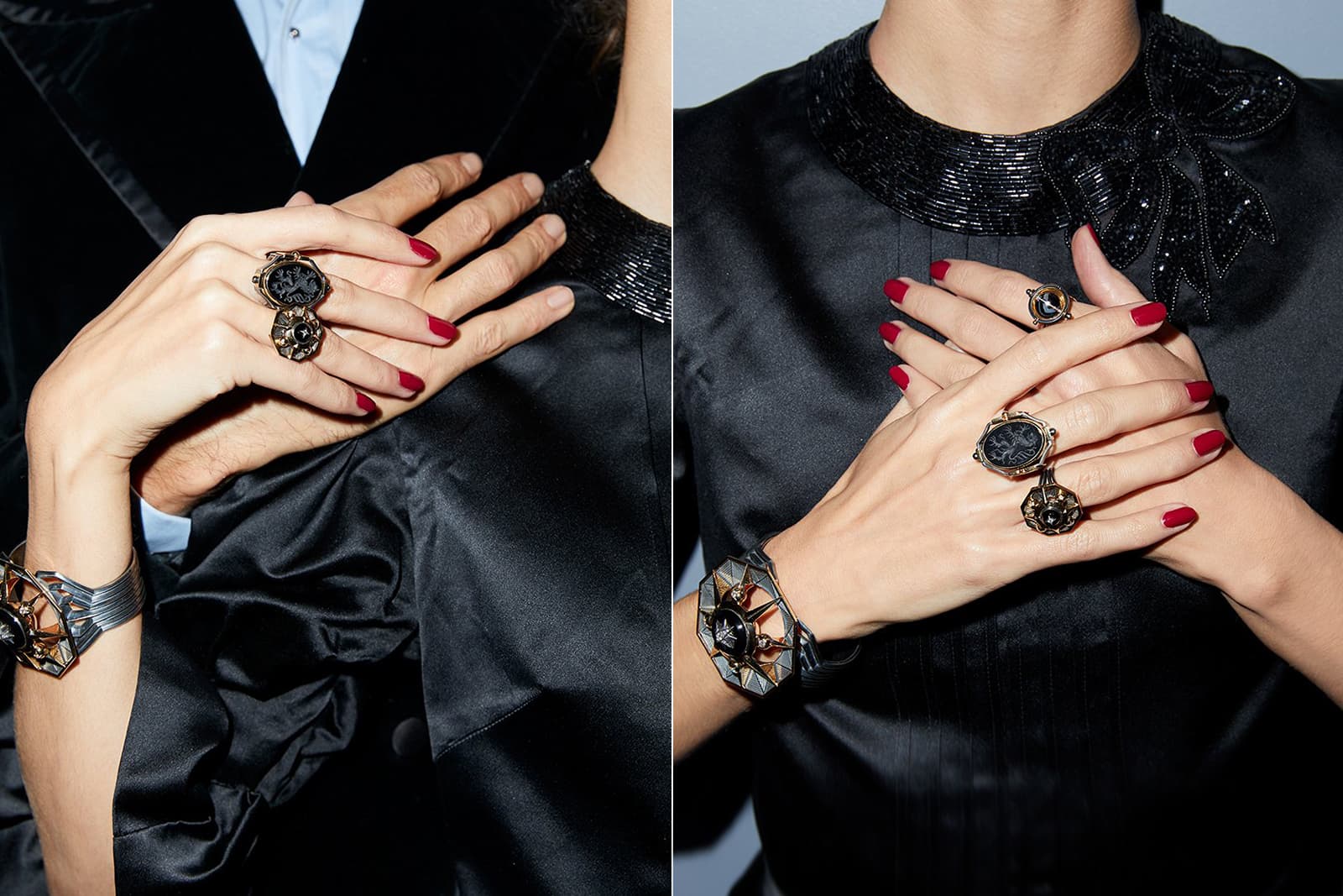 A model wears rings by Elie Top alongside the Onyx Octo cuff bracelet with diamonds in 18k yellow gold and distressed silver from the Etoile Mystérieuse Collection