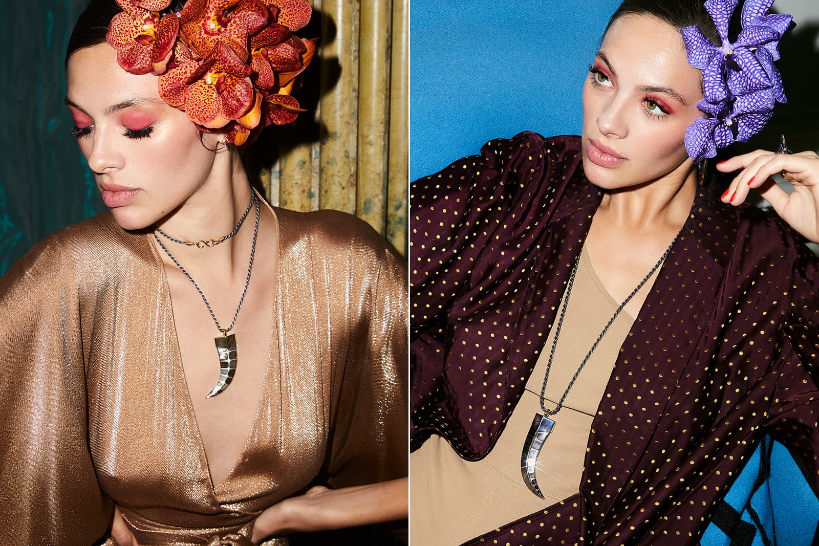 Models wear two variations of the Elie Top Dent pendant, including one in yellow and pink gold (left) and one in gold and silver (right) from the Magica Naturae Collection