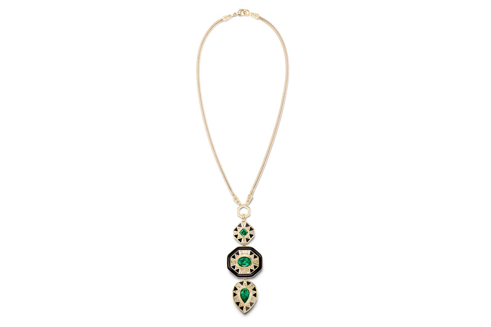 Harwell Godfrey Cleopatra’s Vault Pendant and Snake Foundation chain set with Muzo emeralds, black and white onyx and white diamonds in 18k yellow gold