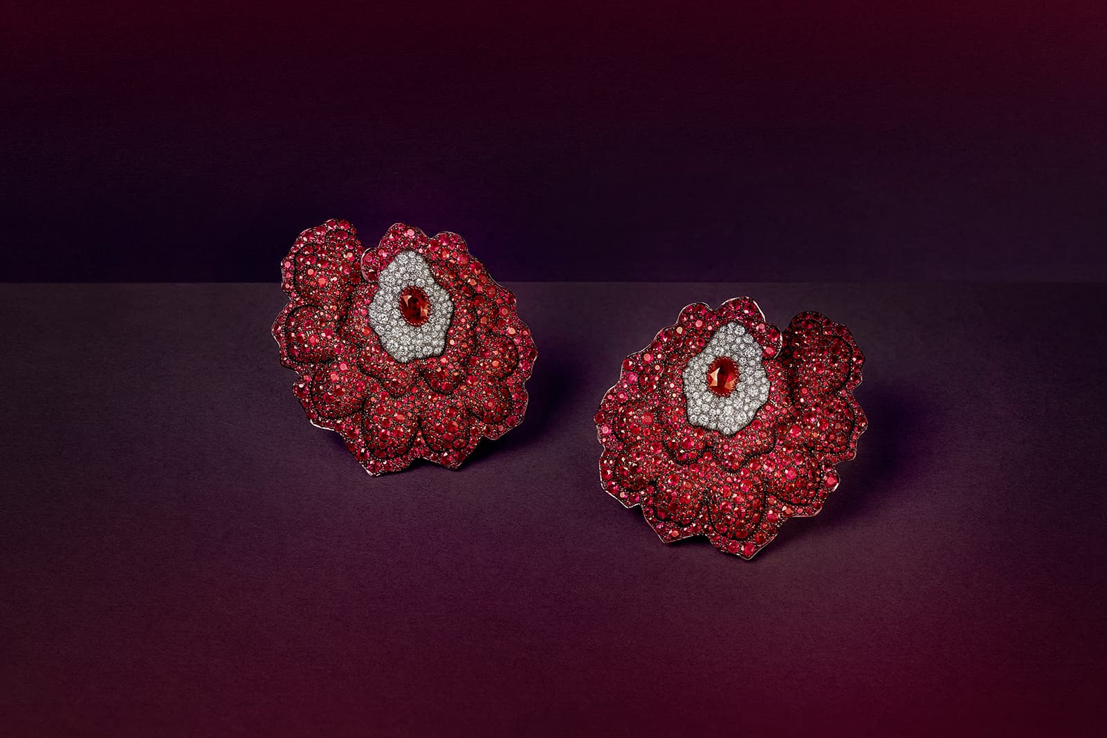  VANLELES Enchanted Garden earrings with rubies and diamonds in 18k rose gold and titanium