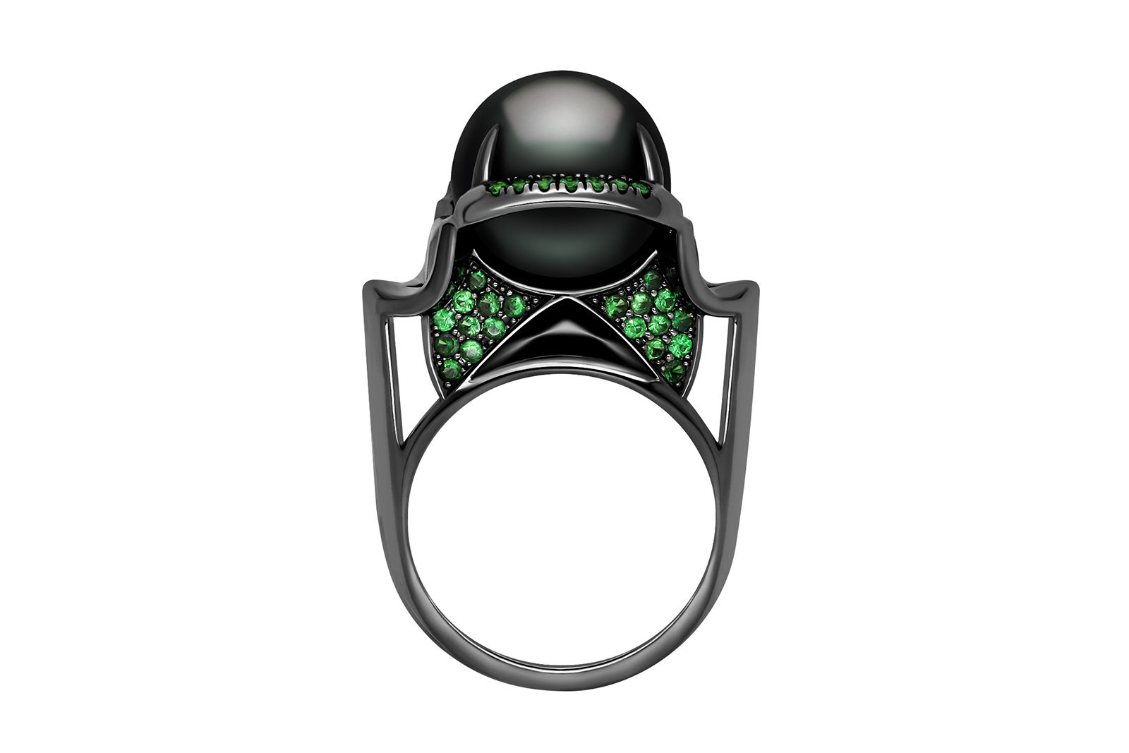  Angie Marei Isis Goddess Tahitian black pearl and green tsavorite garnet ring in 18K black gold with black enamel 