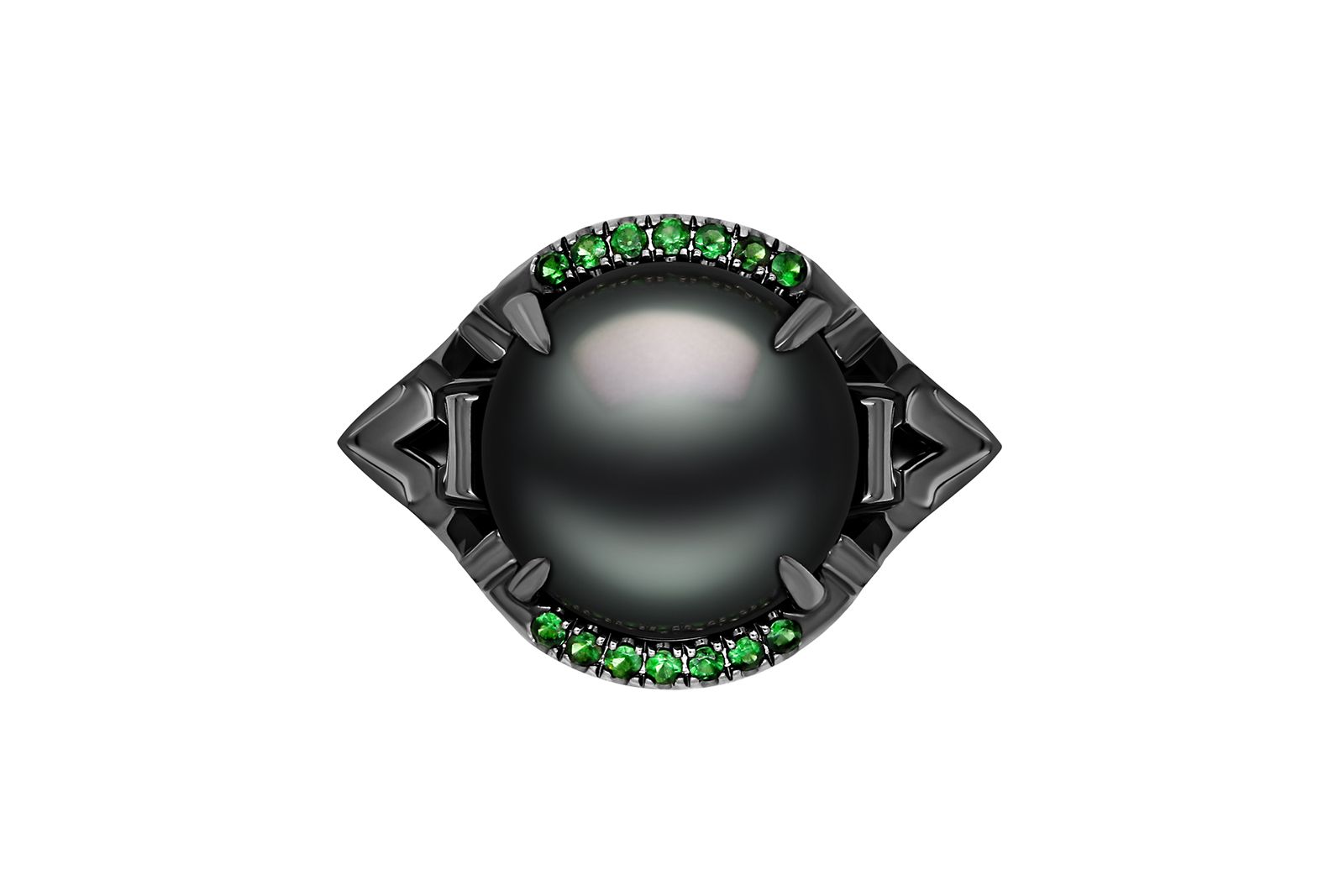 A closer look at the Isis Goddess Tahitian black pearl and green tsavorite garnet ring by Angie Marei