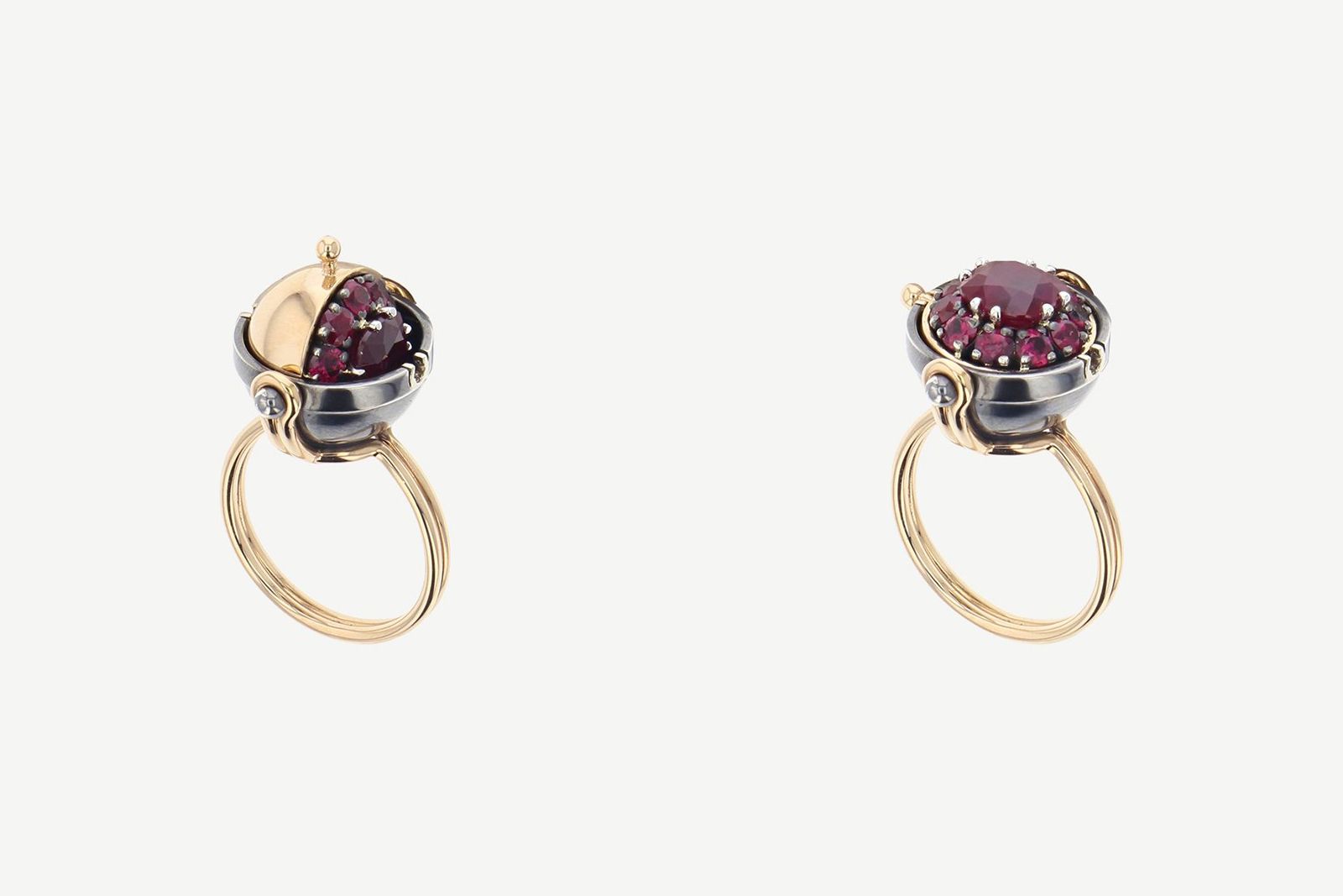  Elie Top Sphere ring that opens to reveal a ruby surrounded by rubies in 18k yellow gold 