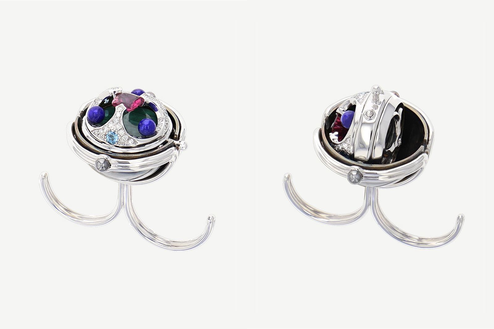  Elie Top Dome double finger ring with a rotating sphere in white gold, malachite, lapis lazuli, diamonds, blue topaz and rubellite