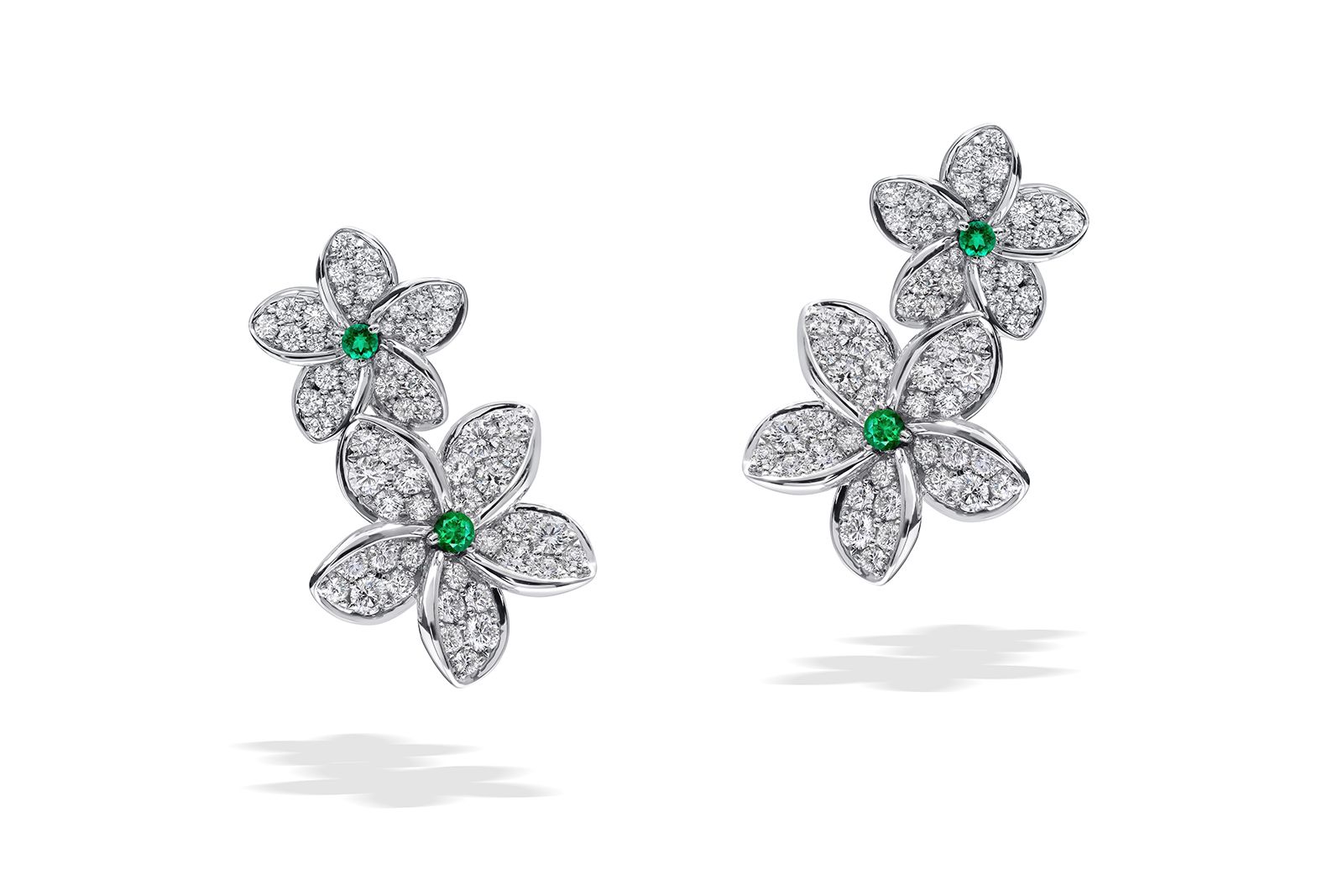  Stenzhorn Plumeria On My Mind Collection earrings with diamonds and emeralds in 18k white gold