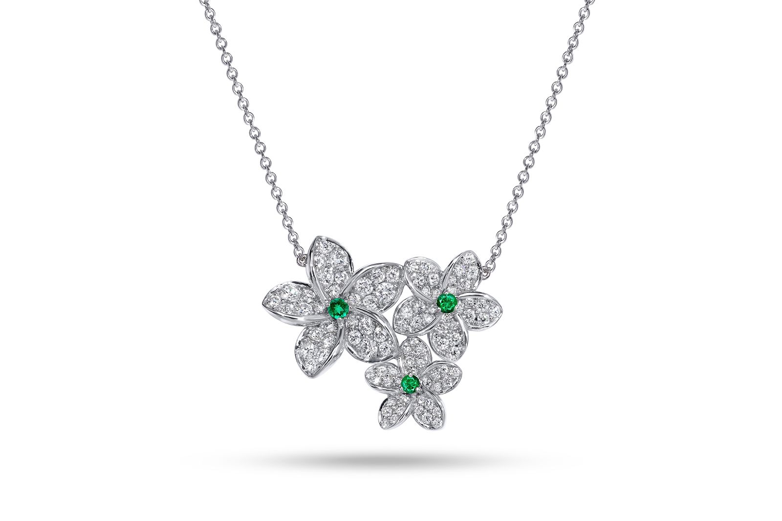 Stenzhorn Plumeria On My Mind Collection necklace with diamonds and emeralds in 18k white gold