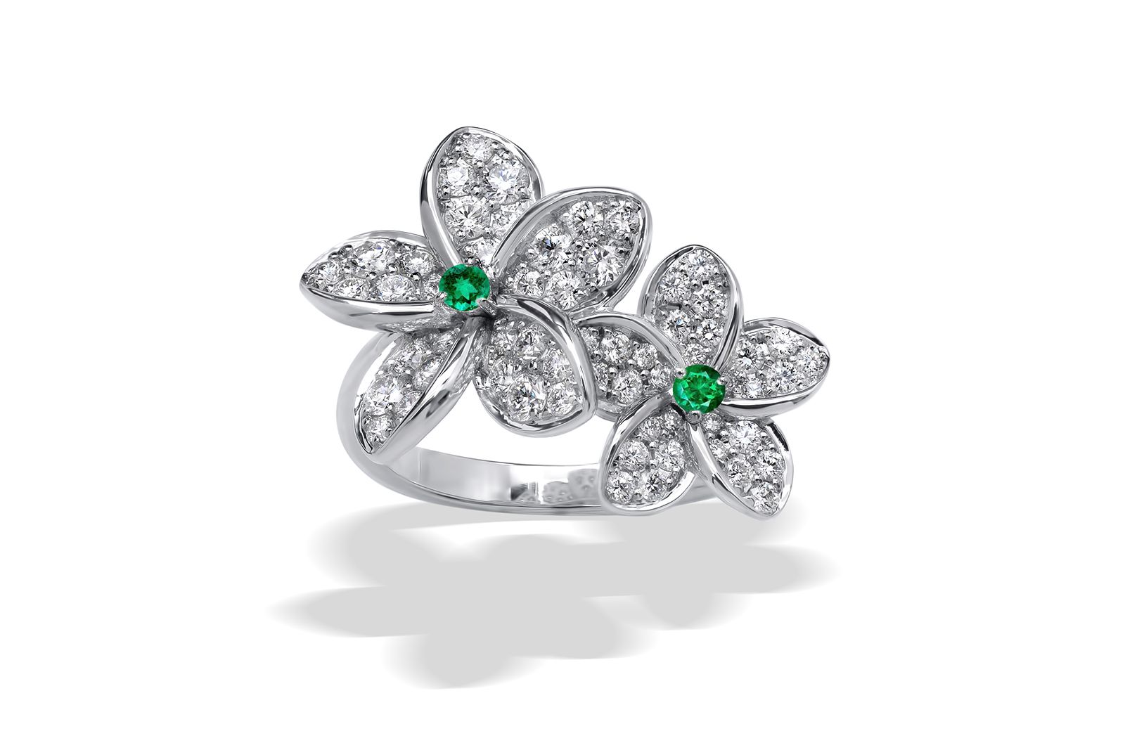  Stenzhorn Plumeria On My Mind Collection ring with diamonds and emeralds in 18k white gold