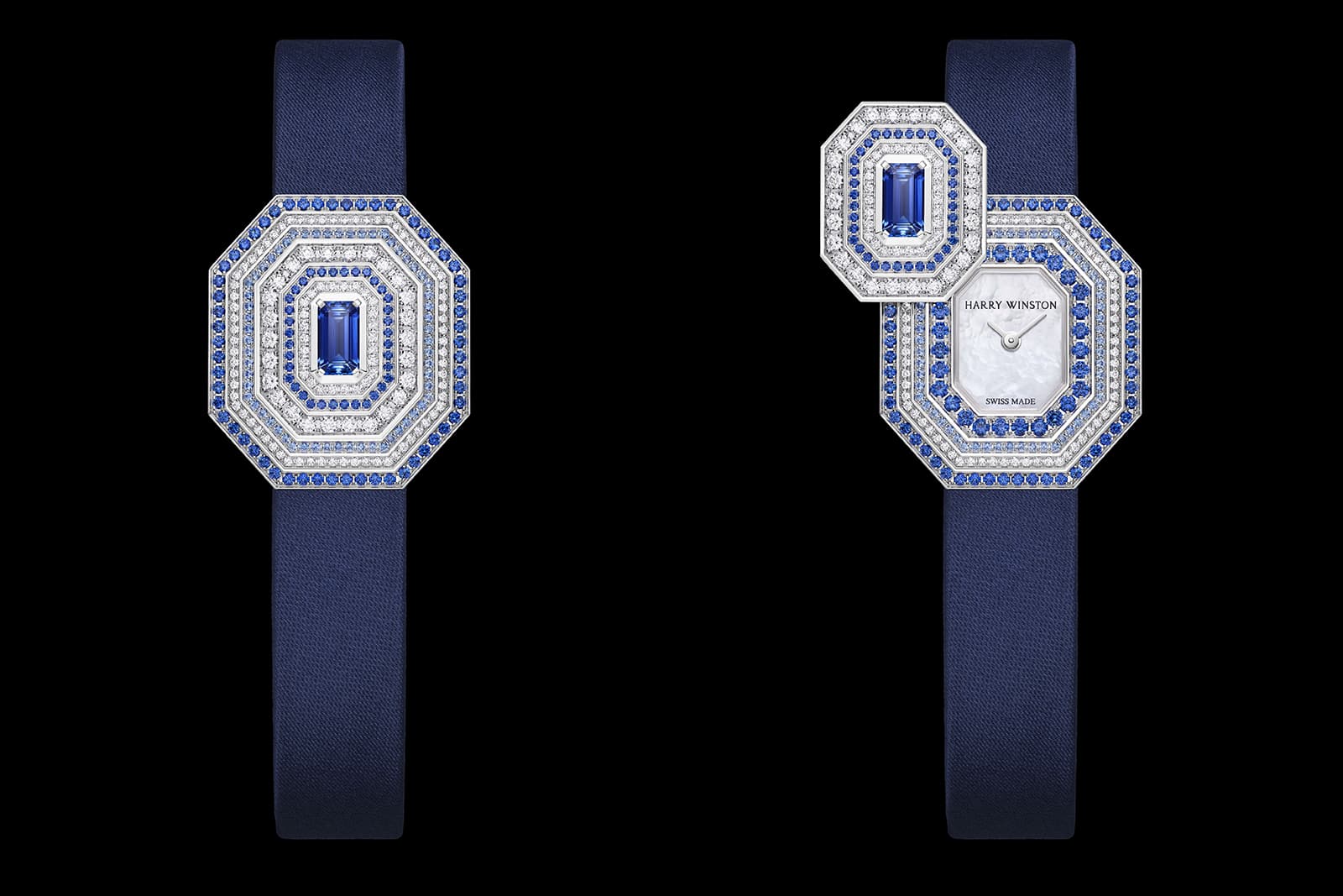  The Emerald Signature by Harry Winston timepiece is set with 122 brilliant-cut diamonds, 180 brilliant-cut blue sapphires in different shades, and one emerald-cut blue sapphire