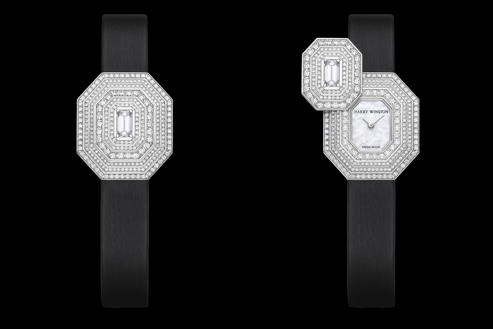 The Emerald Signature by Harry Winston timepiece with an emerald-cut diamond surrounded by round brilliant-cut diamonds