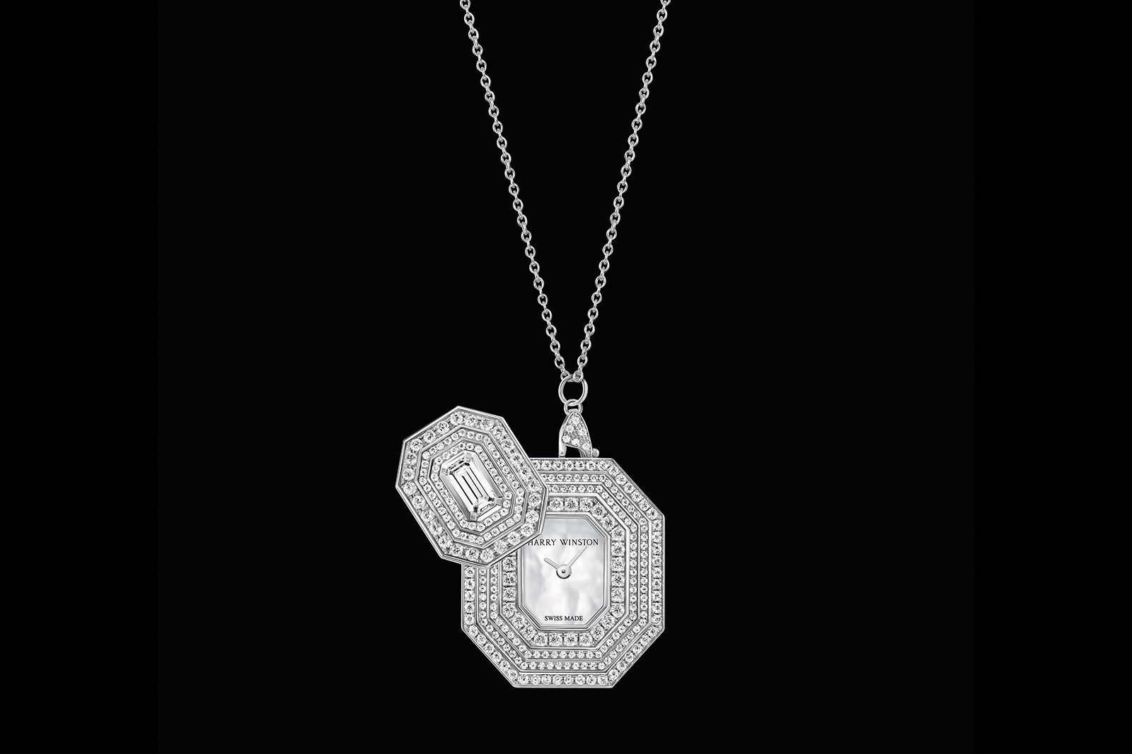  Emerald Signature by Harry Winston watch pendant with 302 brilliant-cut diamonds and one emerald-cut diamond in 18k white gold