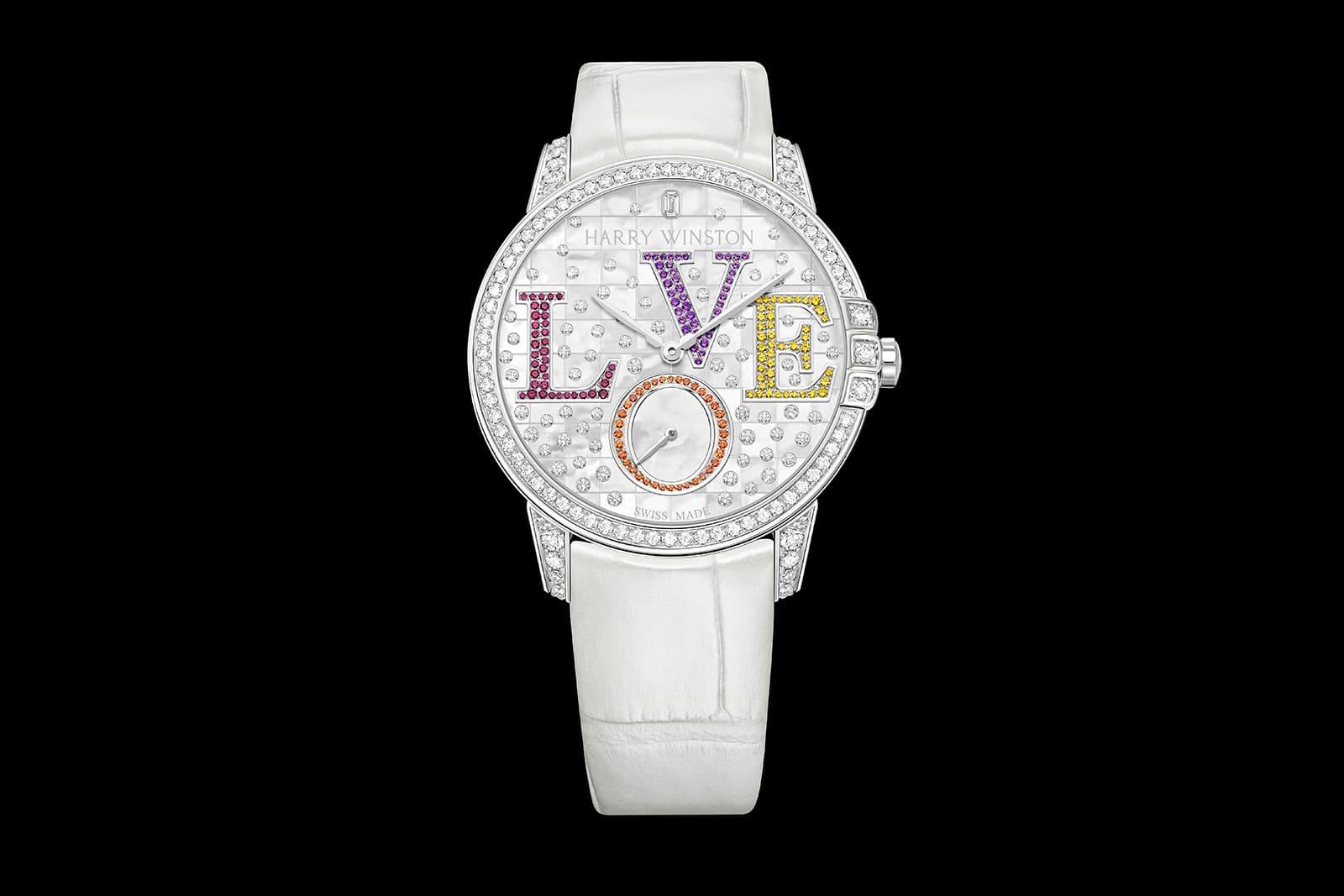 Midnight Winston With Love automatic watch in white with mother-of-pearl, brilliant-cut diamonds, yellow sapphires, amethysts, rubies, spessartites and an emerald-cut diamond