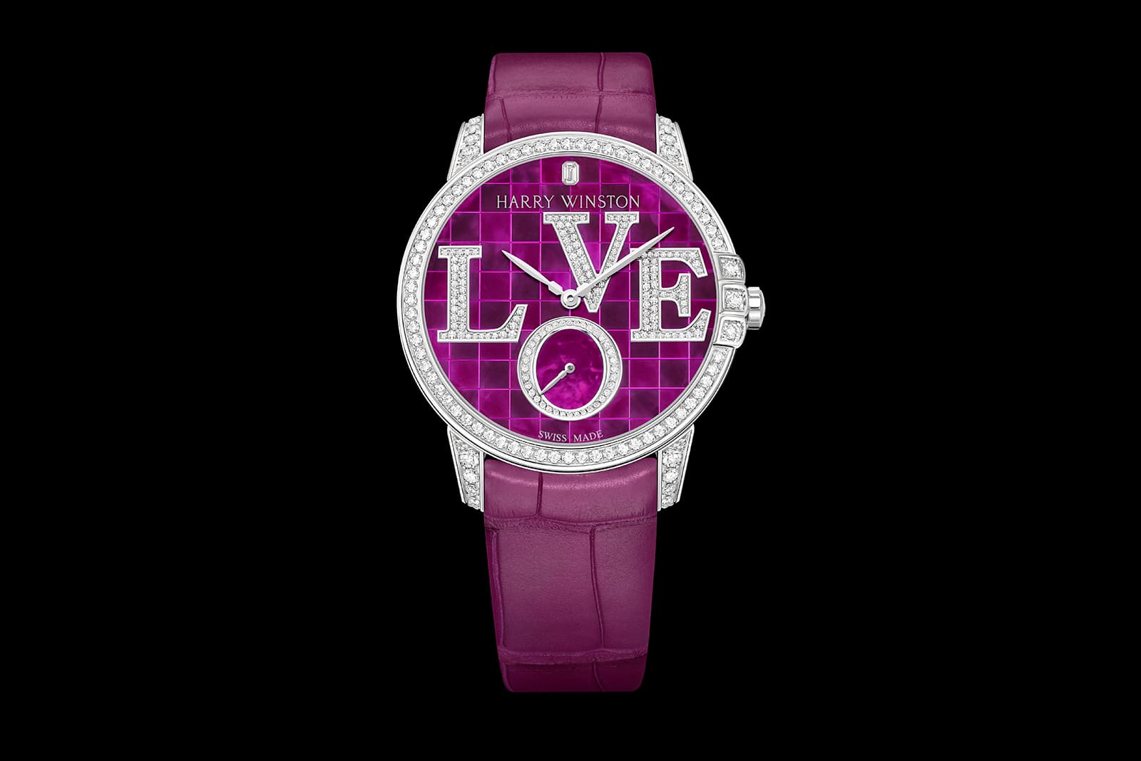  Midnight Winston With Love automatic watch in purple with mother-of-pearl, 162 brilliant-cut diamonds and an emerald-cut diamond