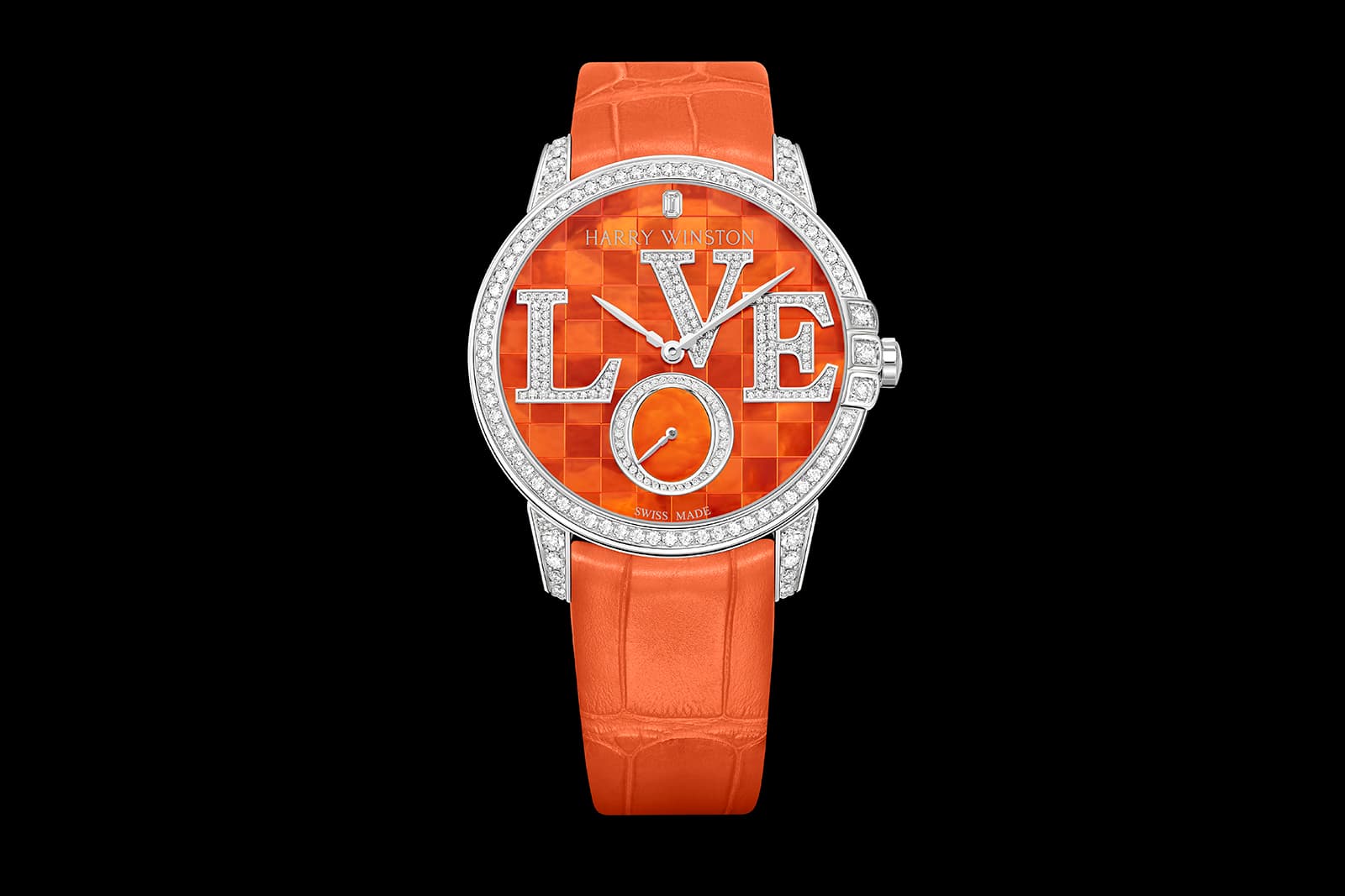  Midnight Winston With Love automatic watch in orange with mother-of-pearl, 162 brilliant-cut diamonds and an emerald-cut diamond