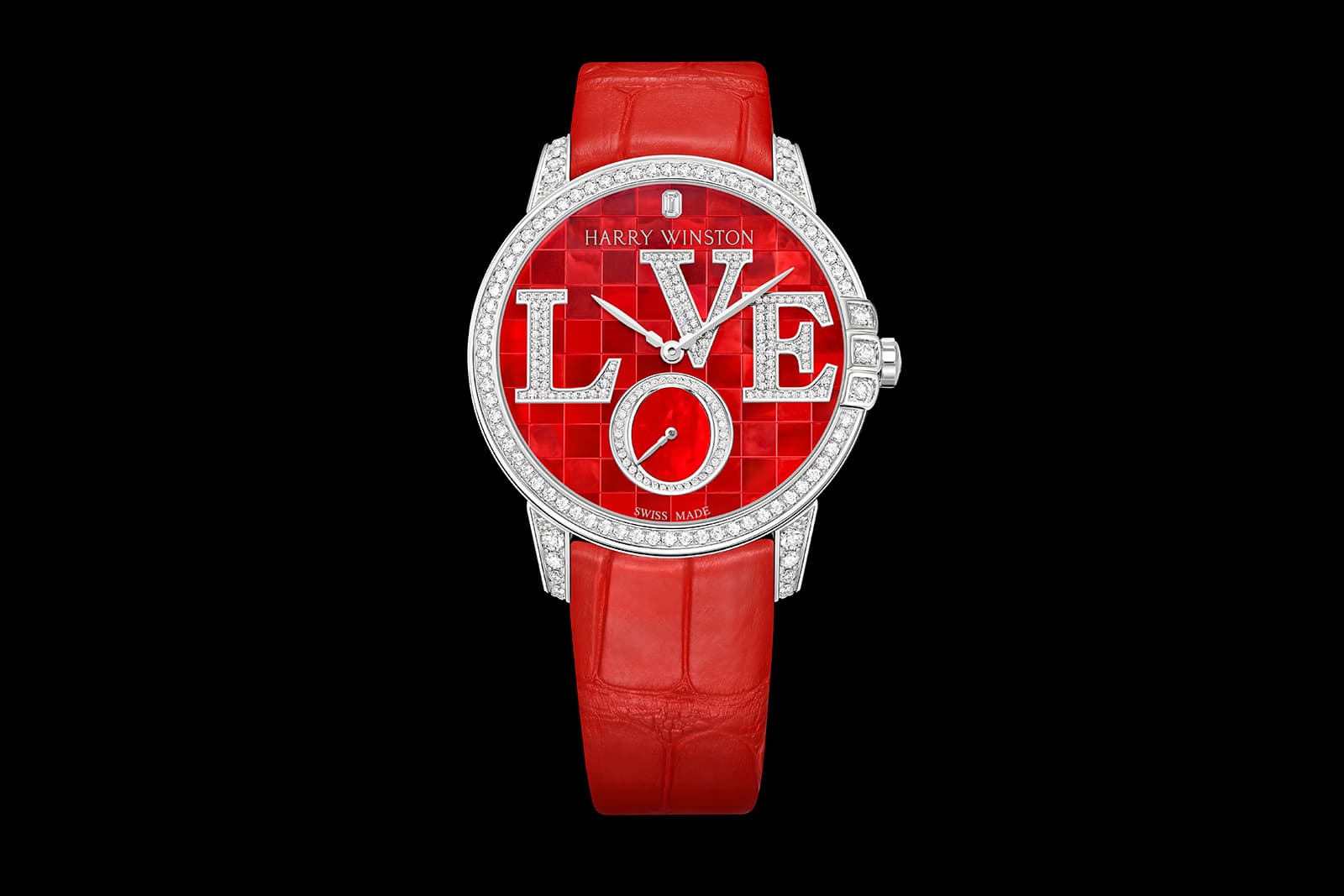  Midnight Winston With Love automatic watch in red with mother-of-pearl, 162 brilliant-cut diamonds and an emerald-cut diamond