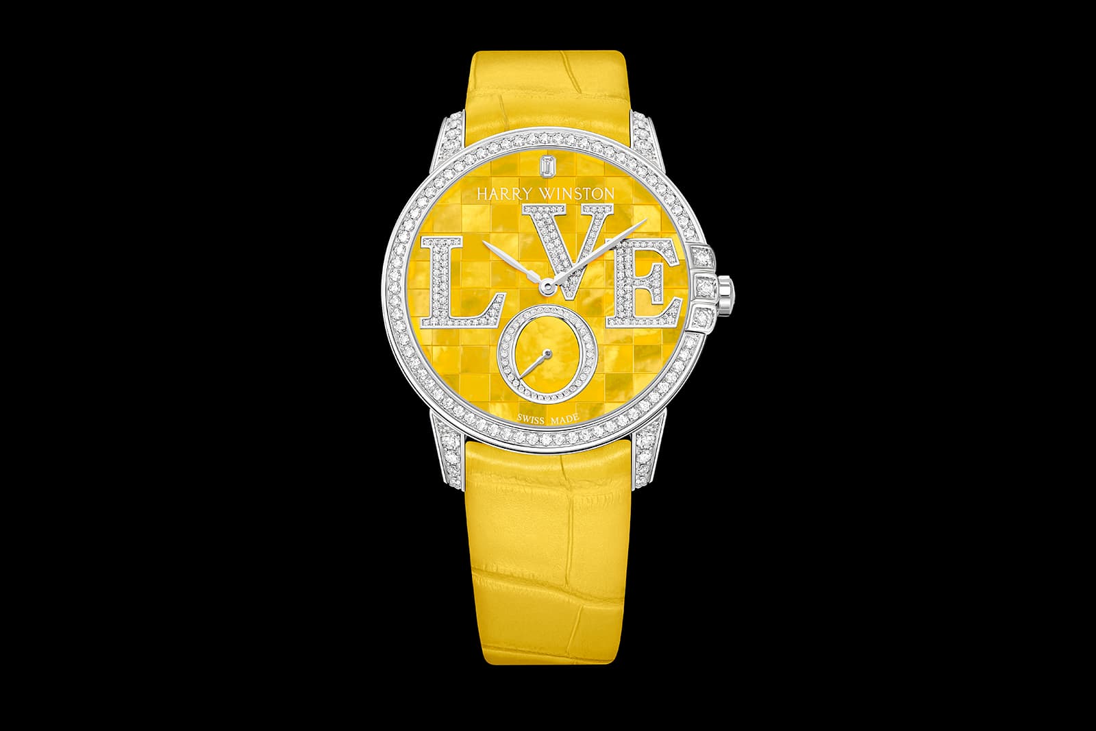 Midnight Winston With Love automatic watch in yellow with mother-of-pearl, 162 brilliant-cut diamonds and an emerald-cut diamond