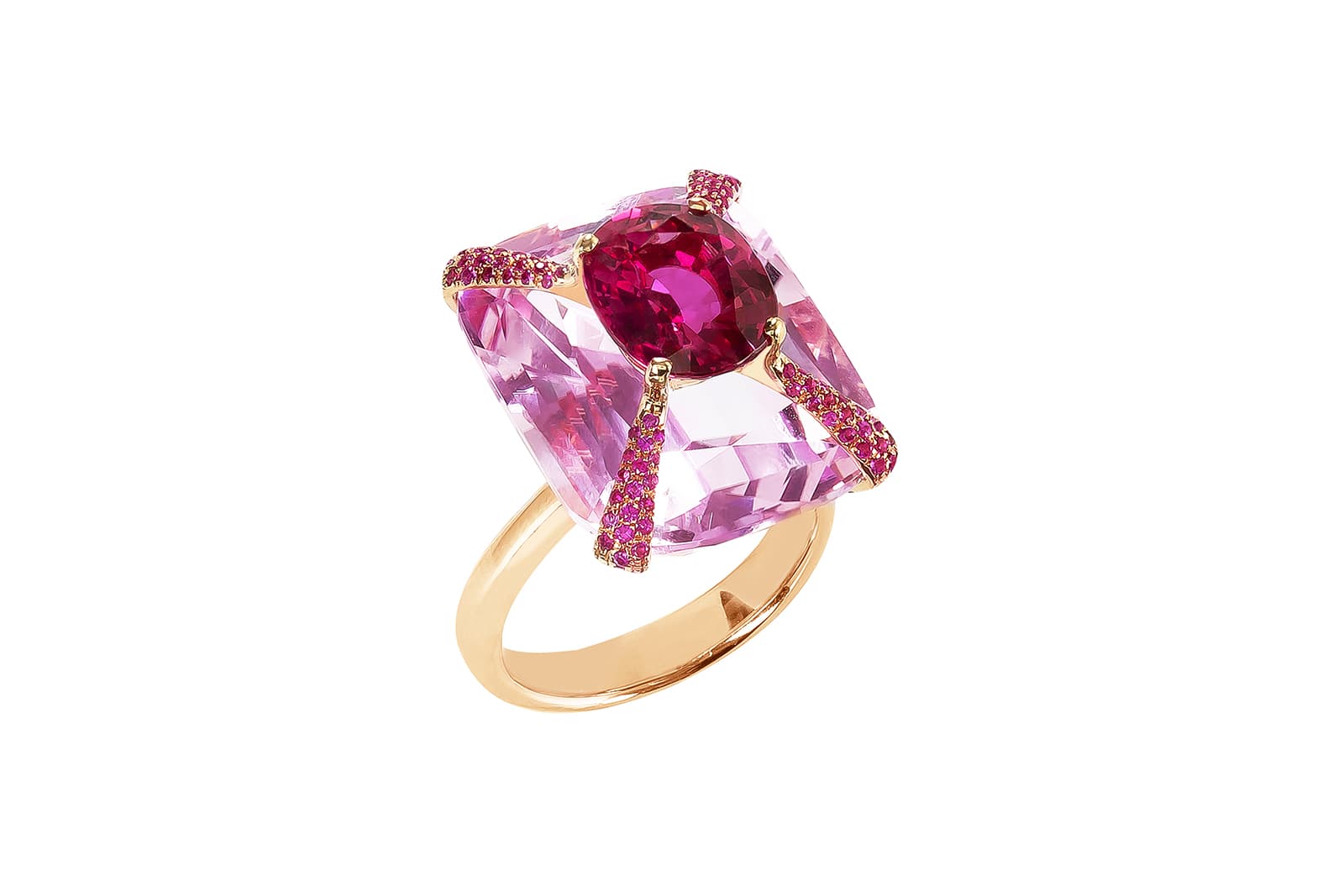 Boghossian Kissing Collection Coral Reef ring with an oval-shaped ‘Siam’ ruby set over a cushion-cut kunzite using the ‘Kissing’ technique, surrounded by pink sapphires and set in 18k rose gold 