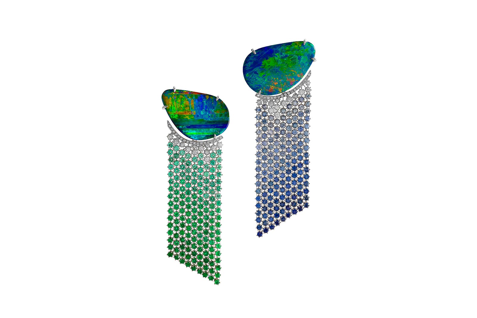  Boghossian Kissing Collection Coral Reef earrings with opal, sapphires, emeralds and a diamond mesh