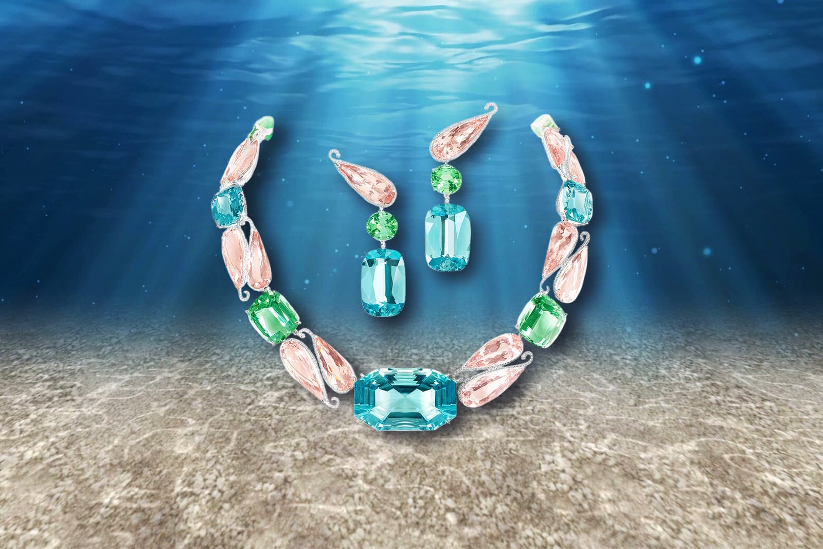 Boghossian Kissing Collection Coral Reef matching necklace and earring suite with aquamarines