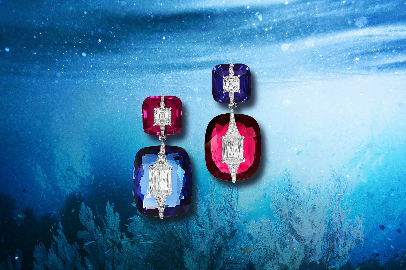 Boghossian Kissing Collection Coral Reef earrings with rubellites, tanzanites and diamonds, set in 18k white gold 
