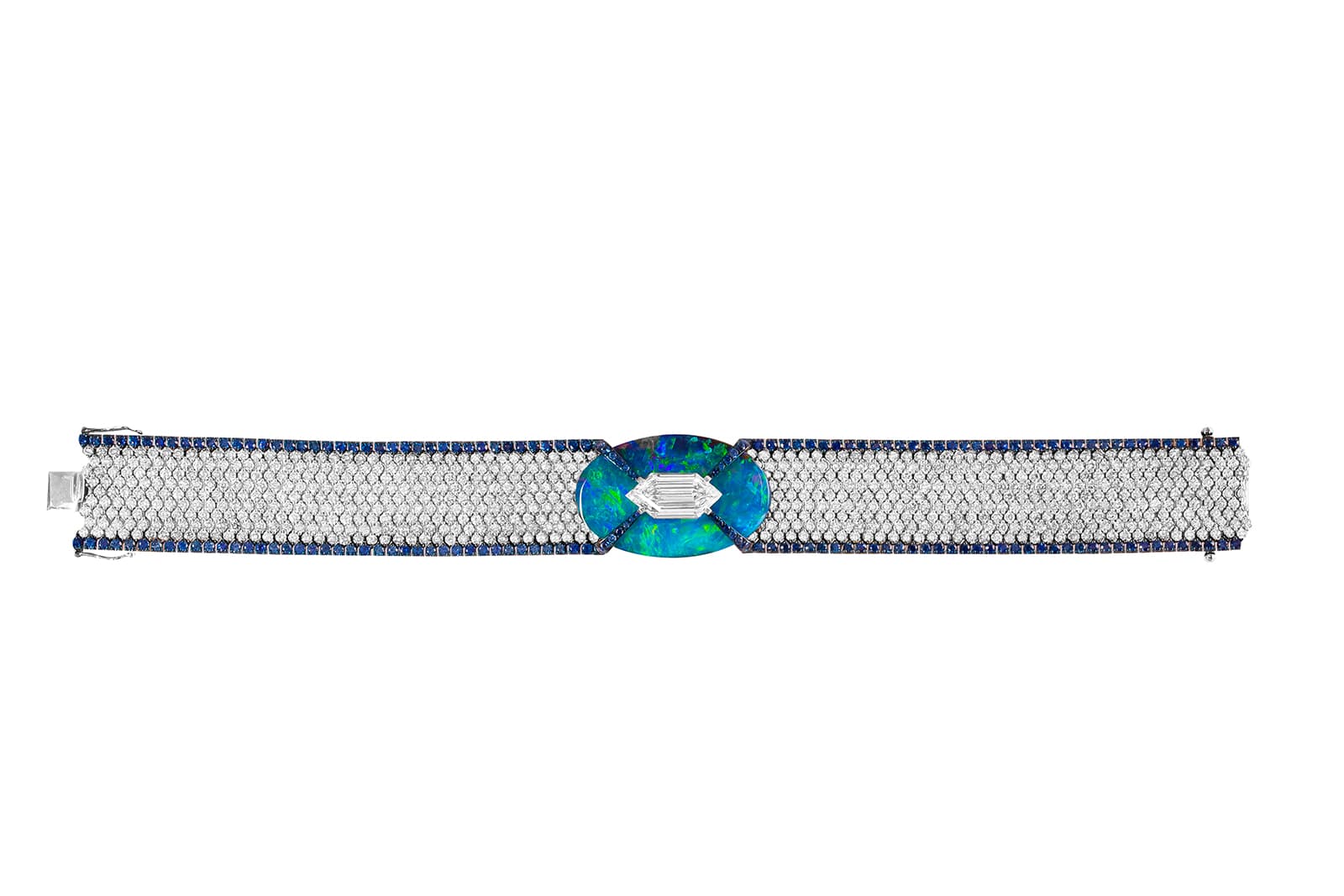  Boghossian Kissing Collection Coral Reef hexagonal shaped diamond and boulder opal bracelet with an 18k white gold mesh of diamonds edged with sapphires