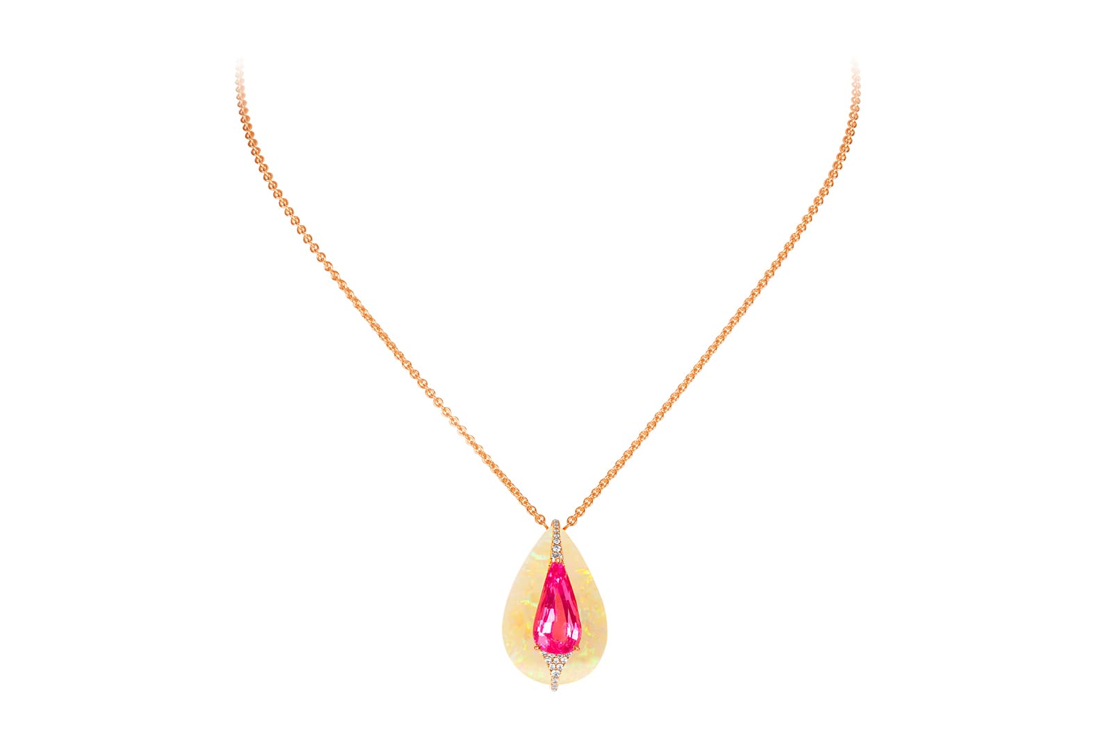  Boghossian Kissing Collection Coral Reef opal necklace with a pear-shaped 4.57 carat pink spinel set over a yellow opal