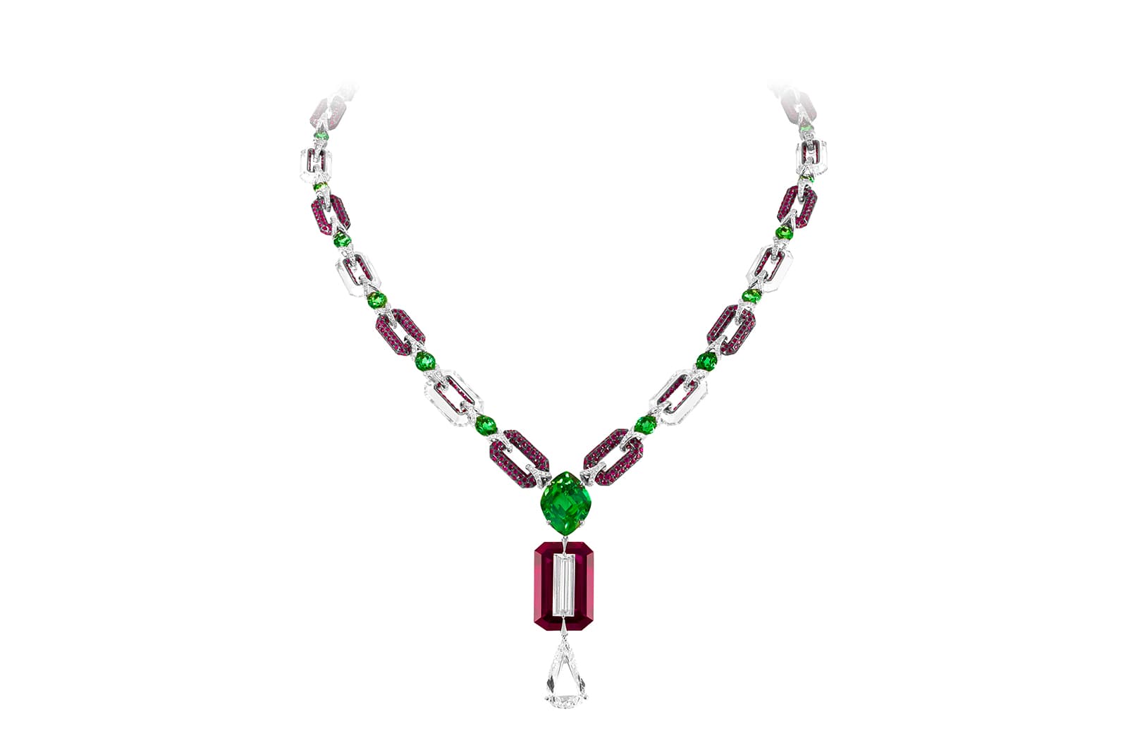  Boghossian Kissing Collection Coral Reef diamond and multi-colour gemstone necklace, with baguette-cut diamond and emerald-cut rubellite, set using the ‘Kissing’ technique, surrounded by lozenge-shaped green tourmaline, pear-shaped diamonds and rock crystal links in 18k white gold 