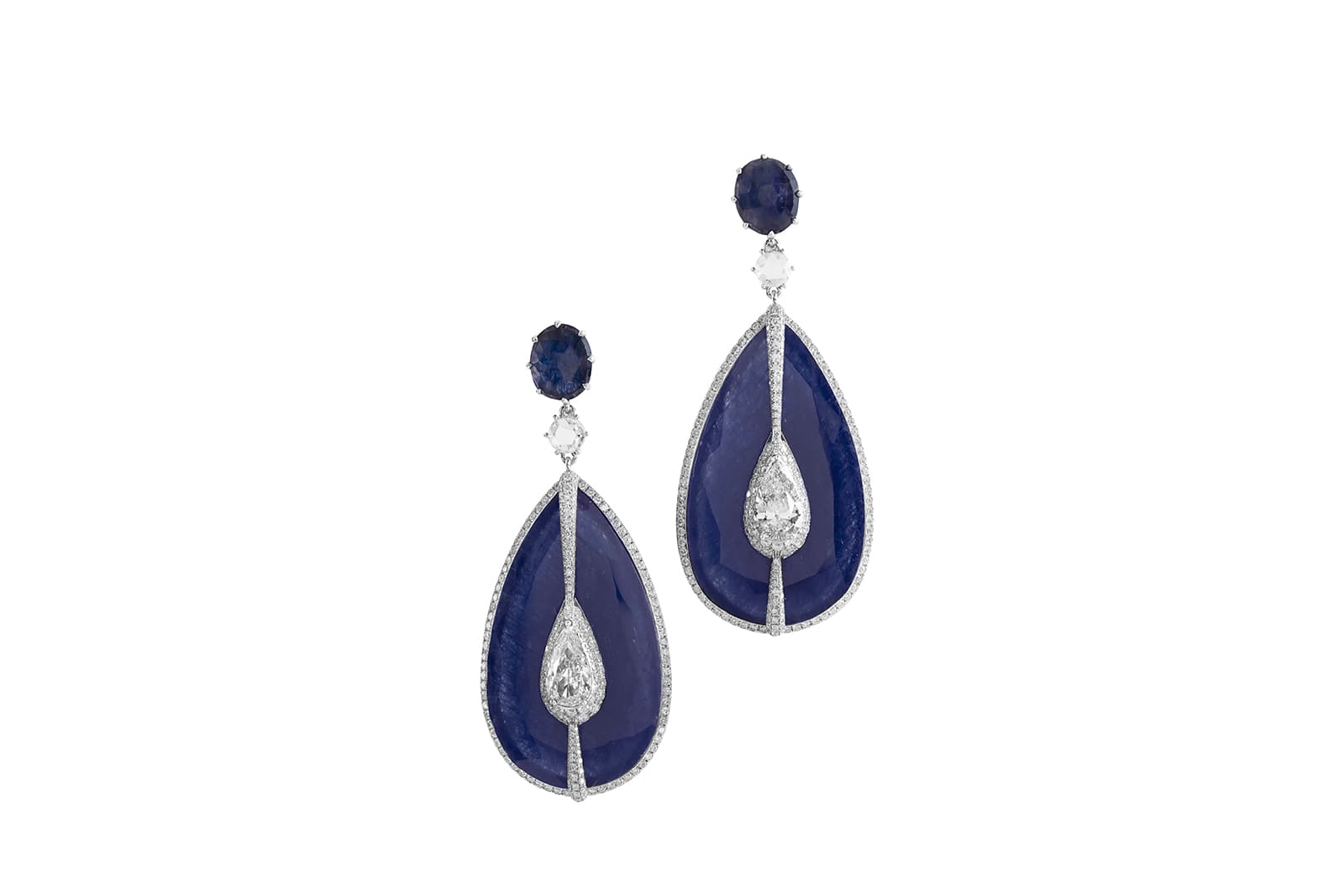  Boghossian Kissing Collection Coral Reef pear-shaped sapphire briolette earrings with two pear-shaped diamonds