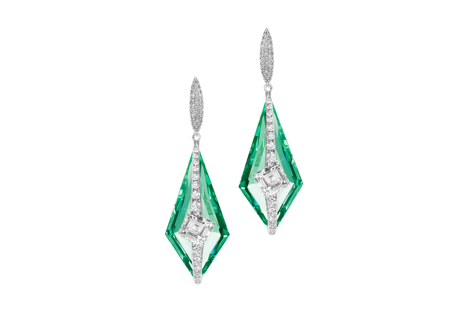 Boghossian Kissing Collection Coral Reef earrings with two asscher cut diamonds of 1.51 carats each and 31.82 carats of green beryl