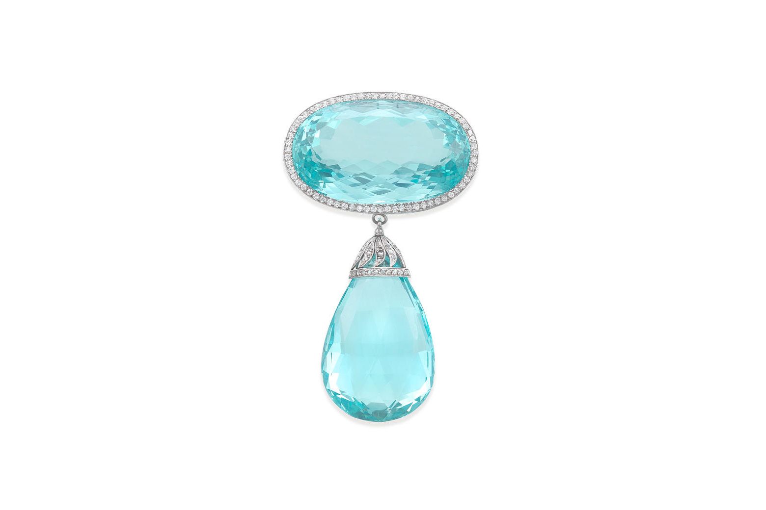  Belle Époque aquamarine and diamond brooch with a large, detachable aquamarine drop and a millegrain-set rose-cut diamond cap, mounted in platinum