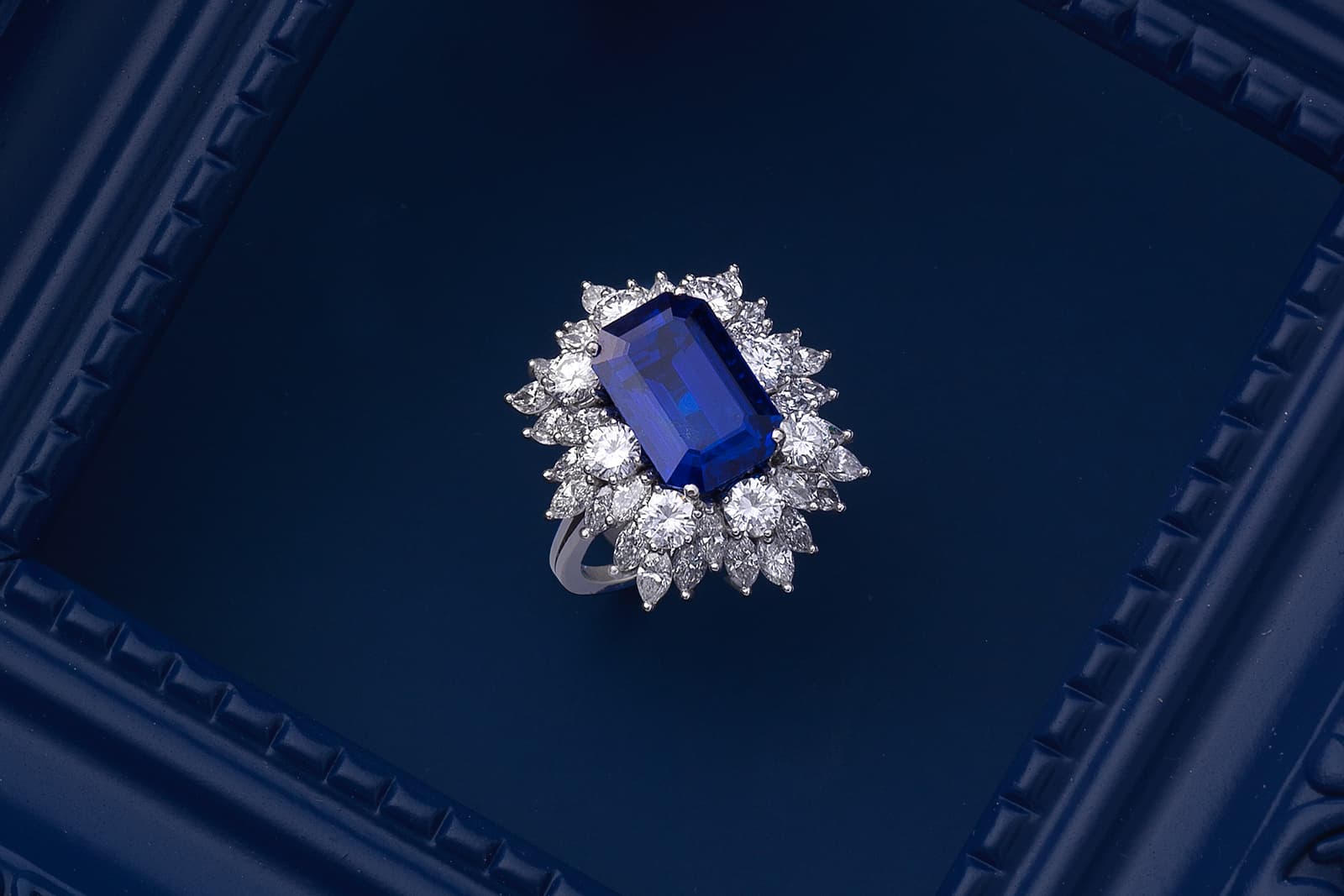 An 8.70 carat octagonal step-cut Burmese sapphire ring with brilliant and marquise-cut diamonds, featured in the Bonhams London Jewels auction of September 2021
