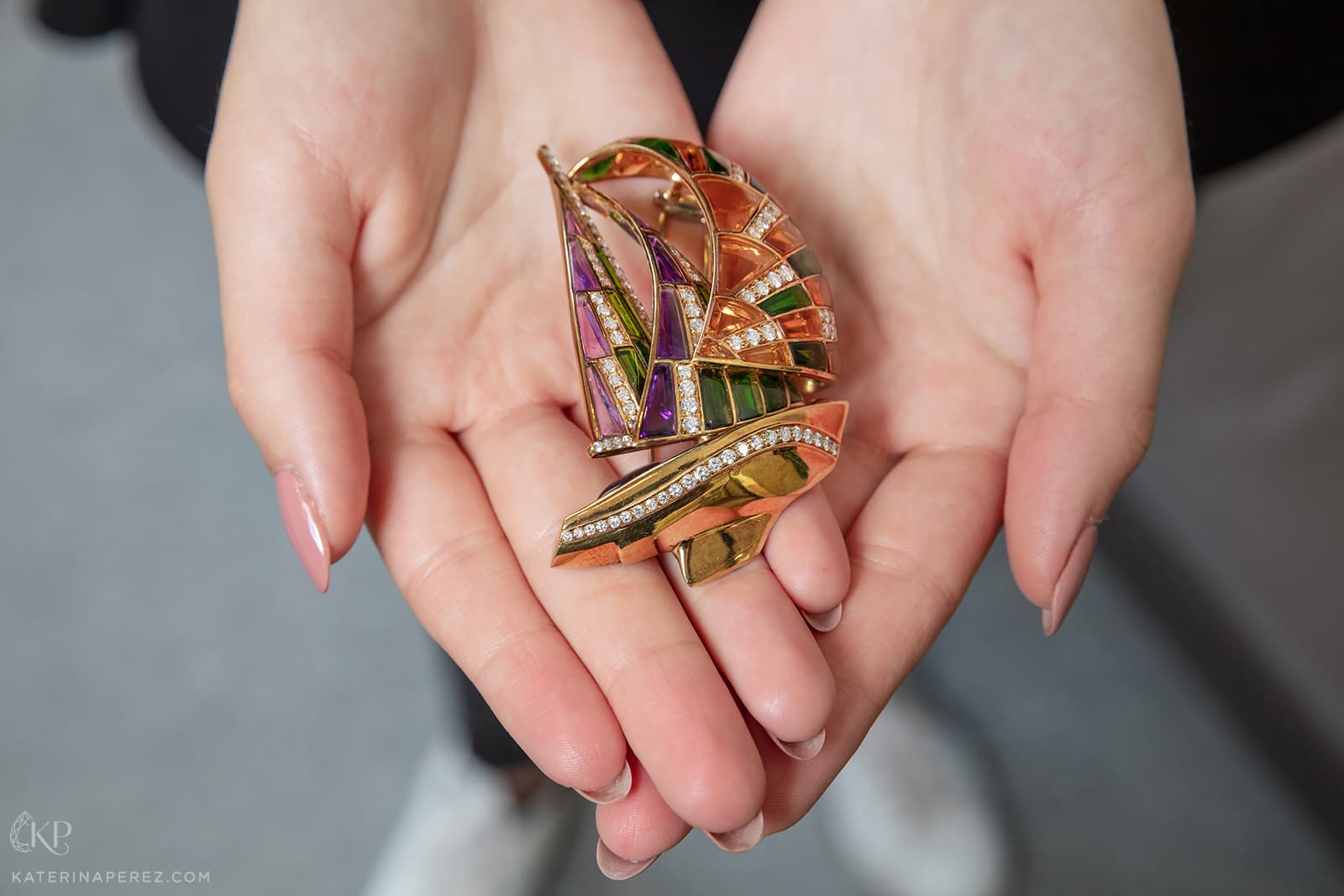  Loris Abate diamond and gem-set sailing yacht brooch, featured in the Bonhams London Jewels auction of September 2021